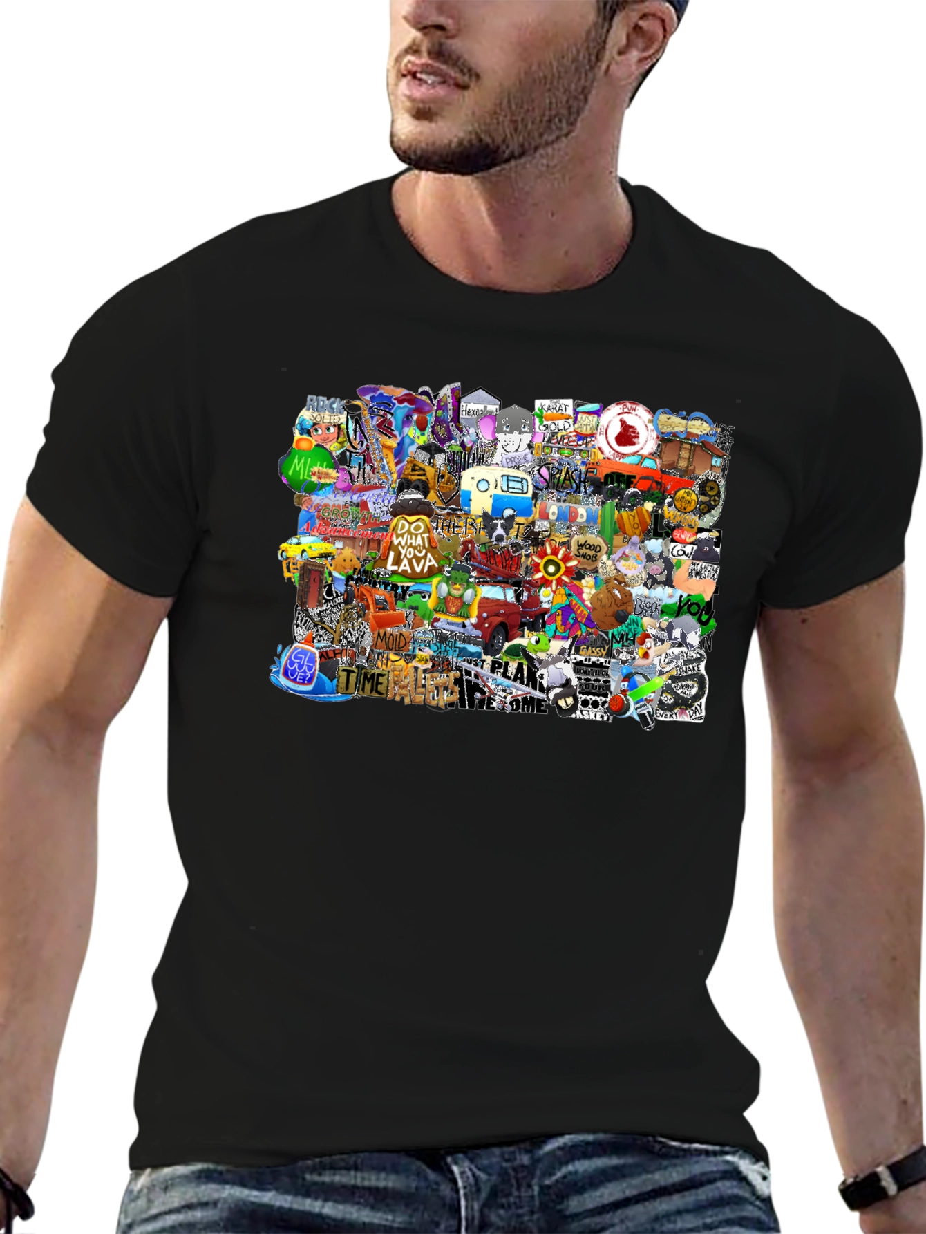 Funky Patchwork Graphic Print Black T-Shirt