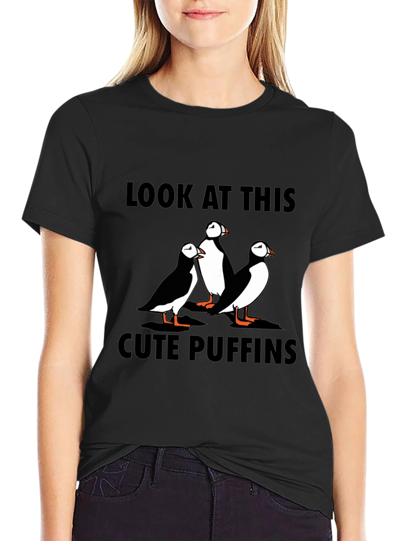 Cute Puffins Graphic Tee - Black T-Shirt