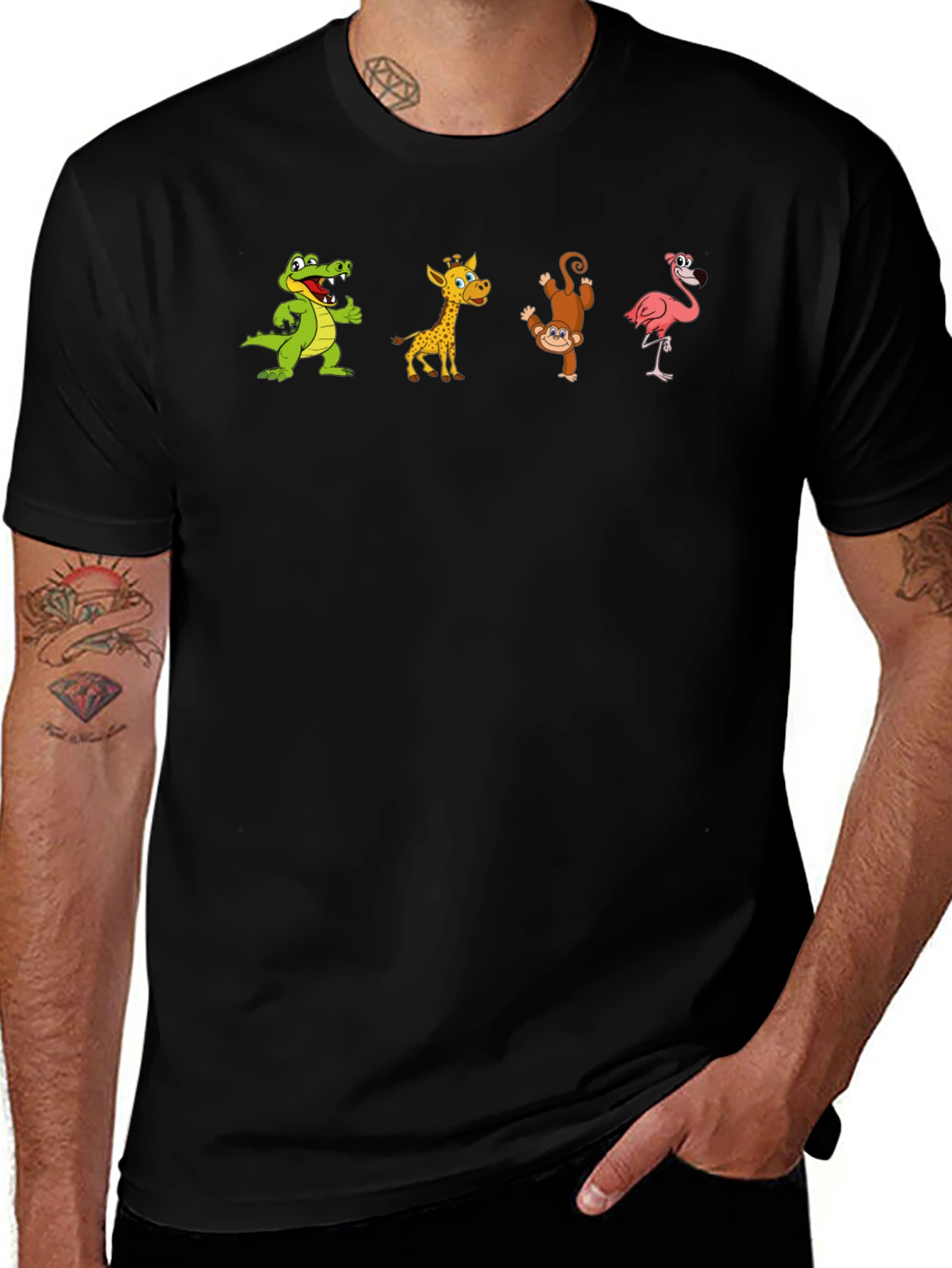 Black T-Shirt with Animal Cartoon Print