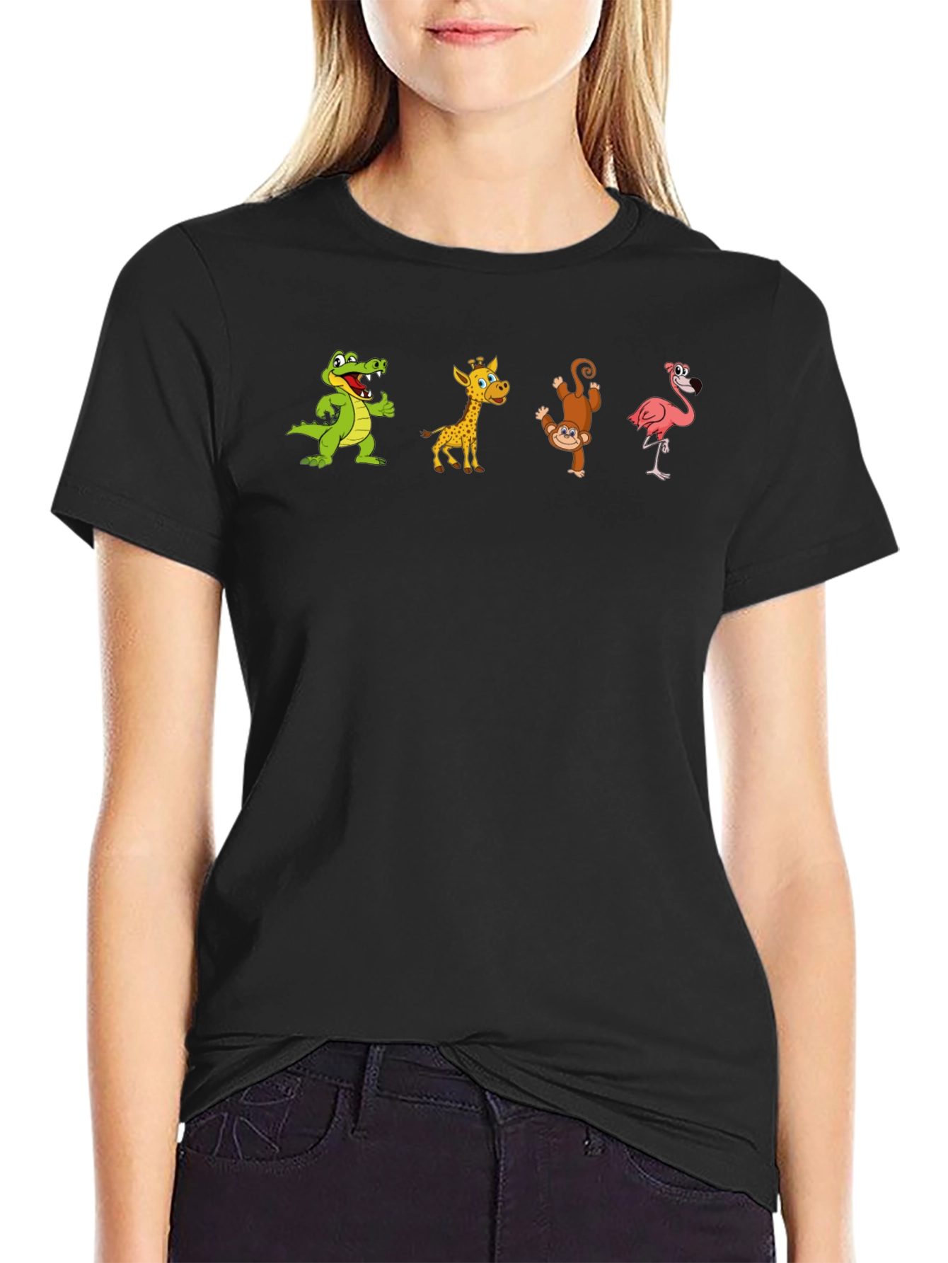 Black T-Shirt with Animal Cartoon Print