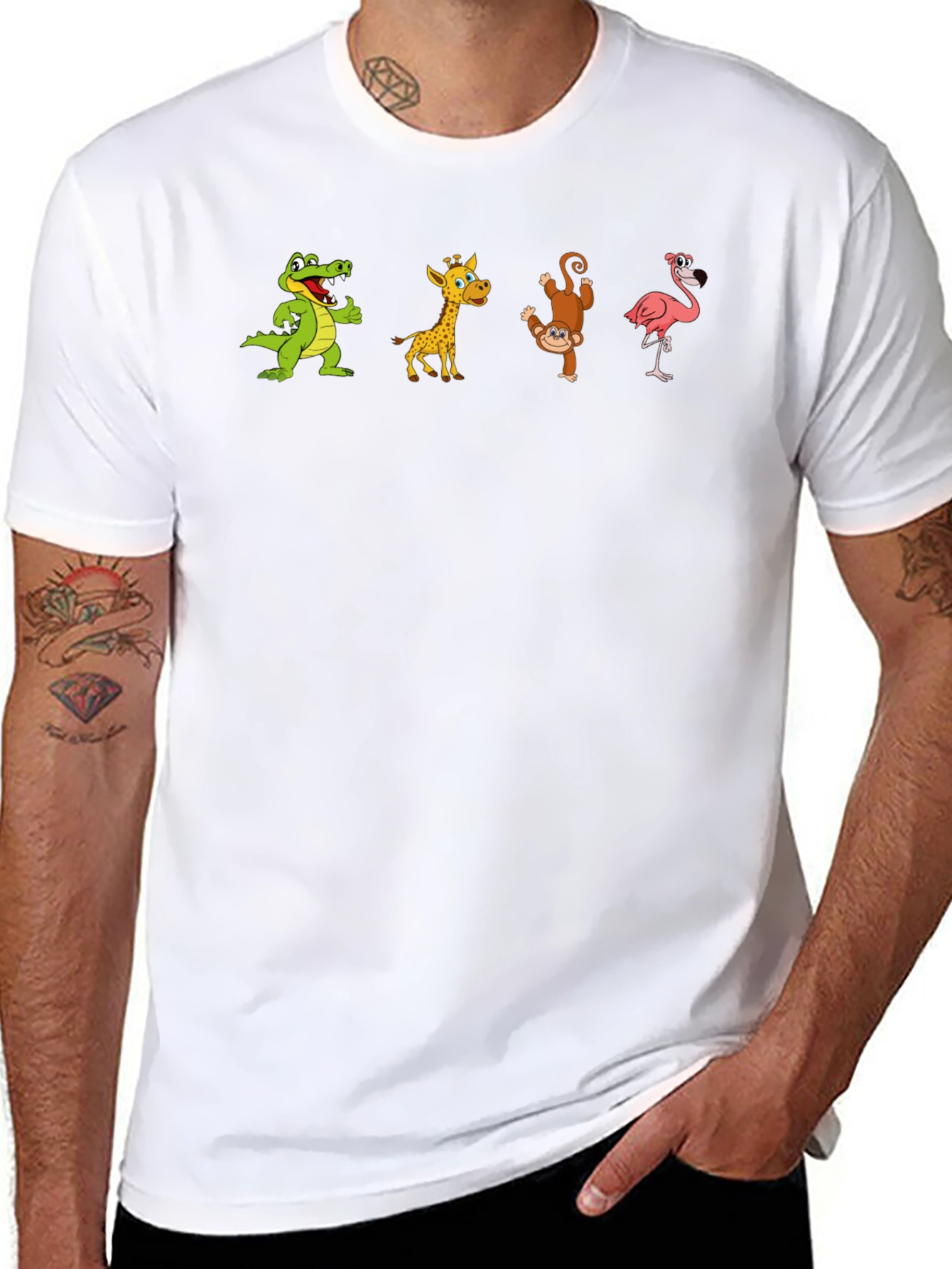 Black T-Shirt with Animal Cartoon Print