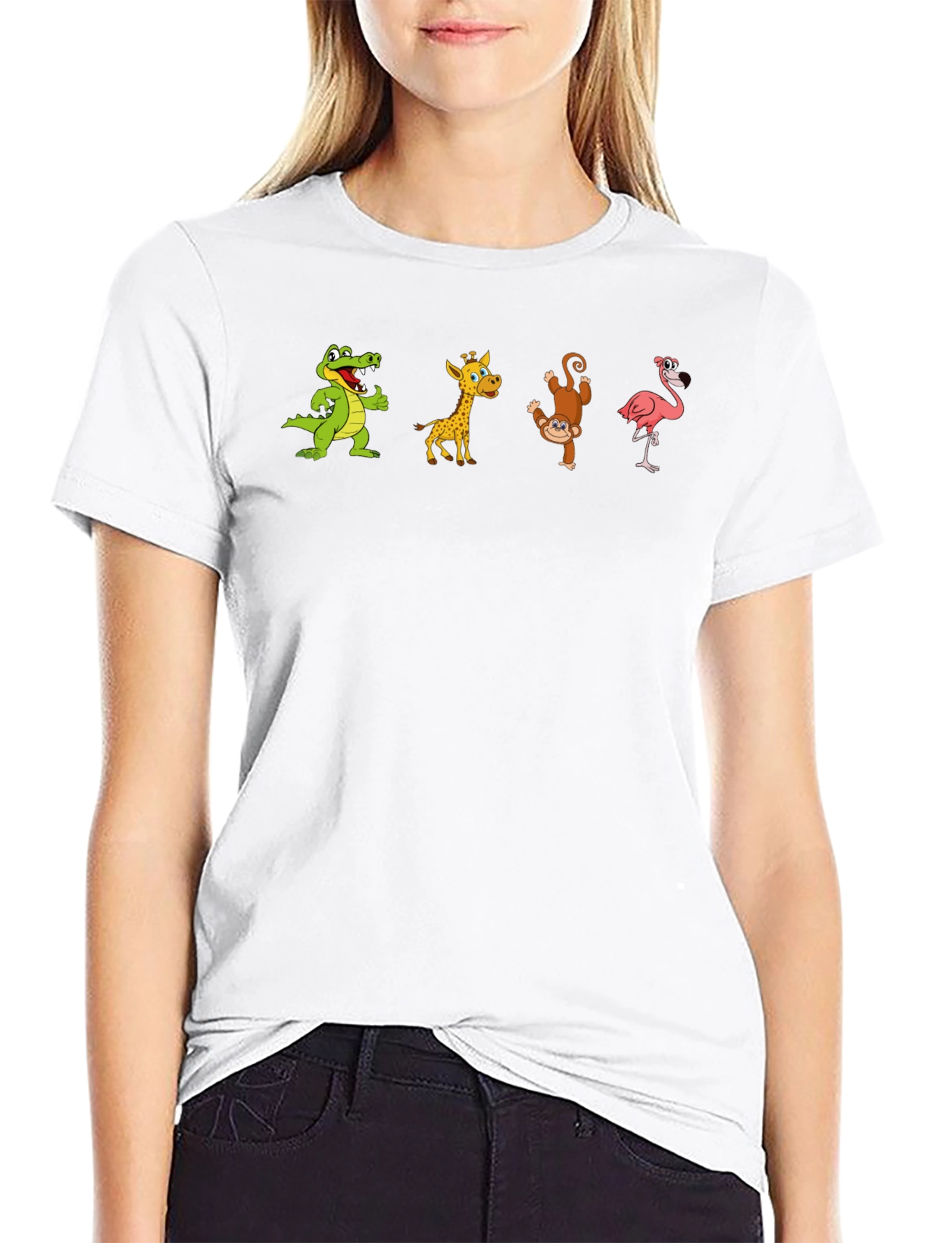Black T-Shirt with Animal Cartoon Print