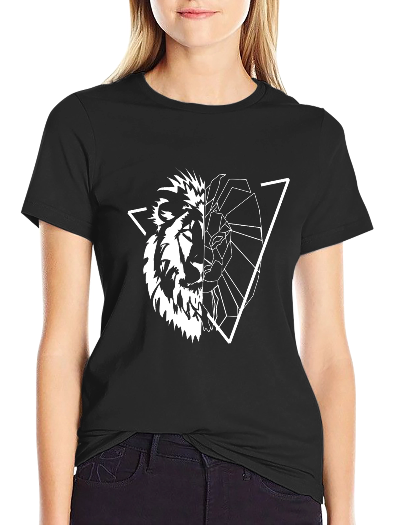 Geometric Lion Graphic Tee - Black