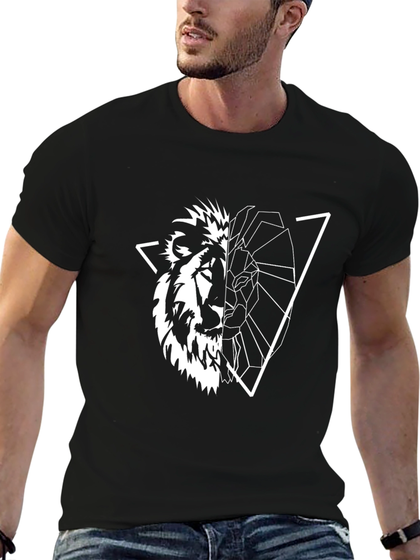 Geometric Lion Graphic Tee - Black