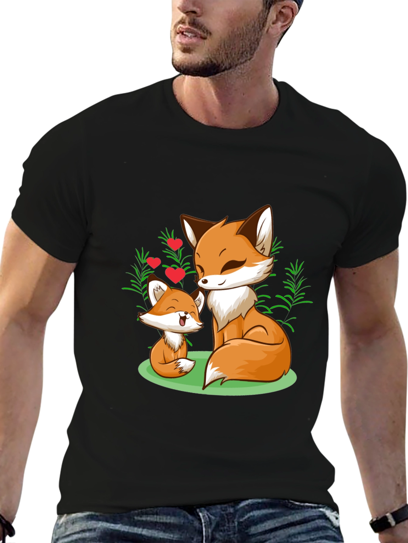 Fox Mom & Cub Graphic T-Shirt - Black