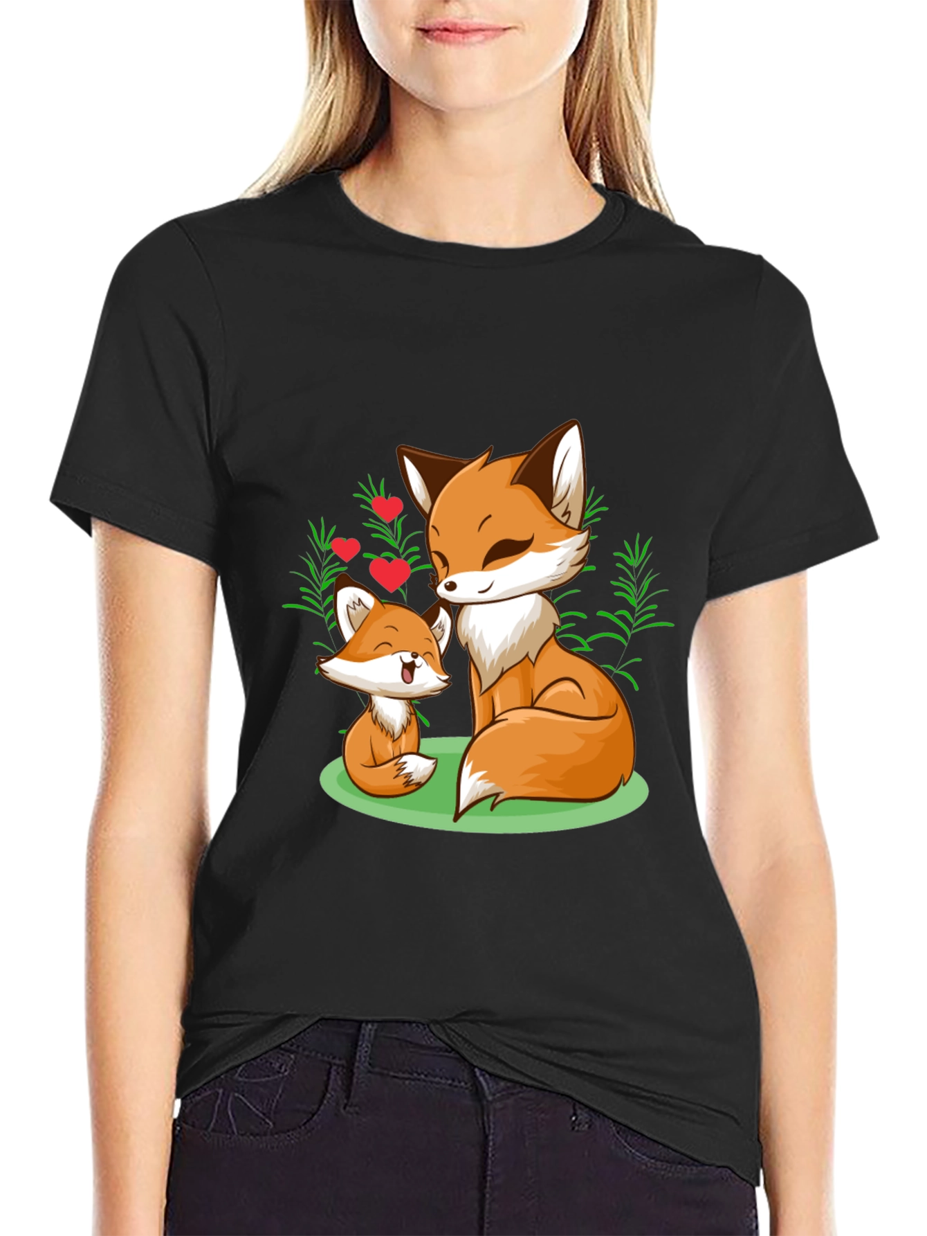 Fox Mom & Cub Graphic T-Shirt - Black