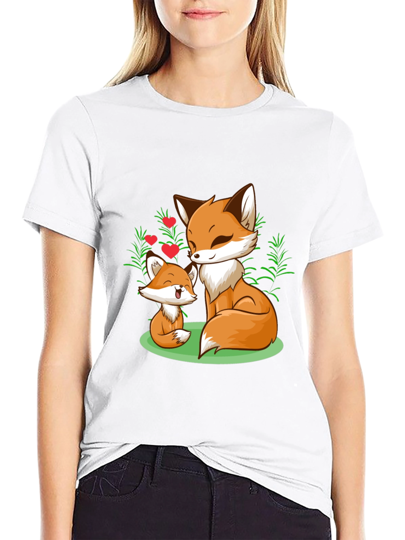 Fox Mom & Cub Graphic T-Shirt - Black
