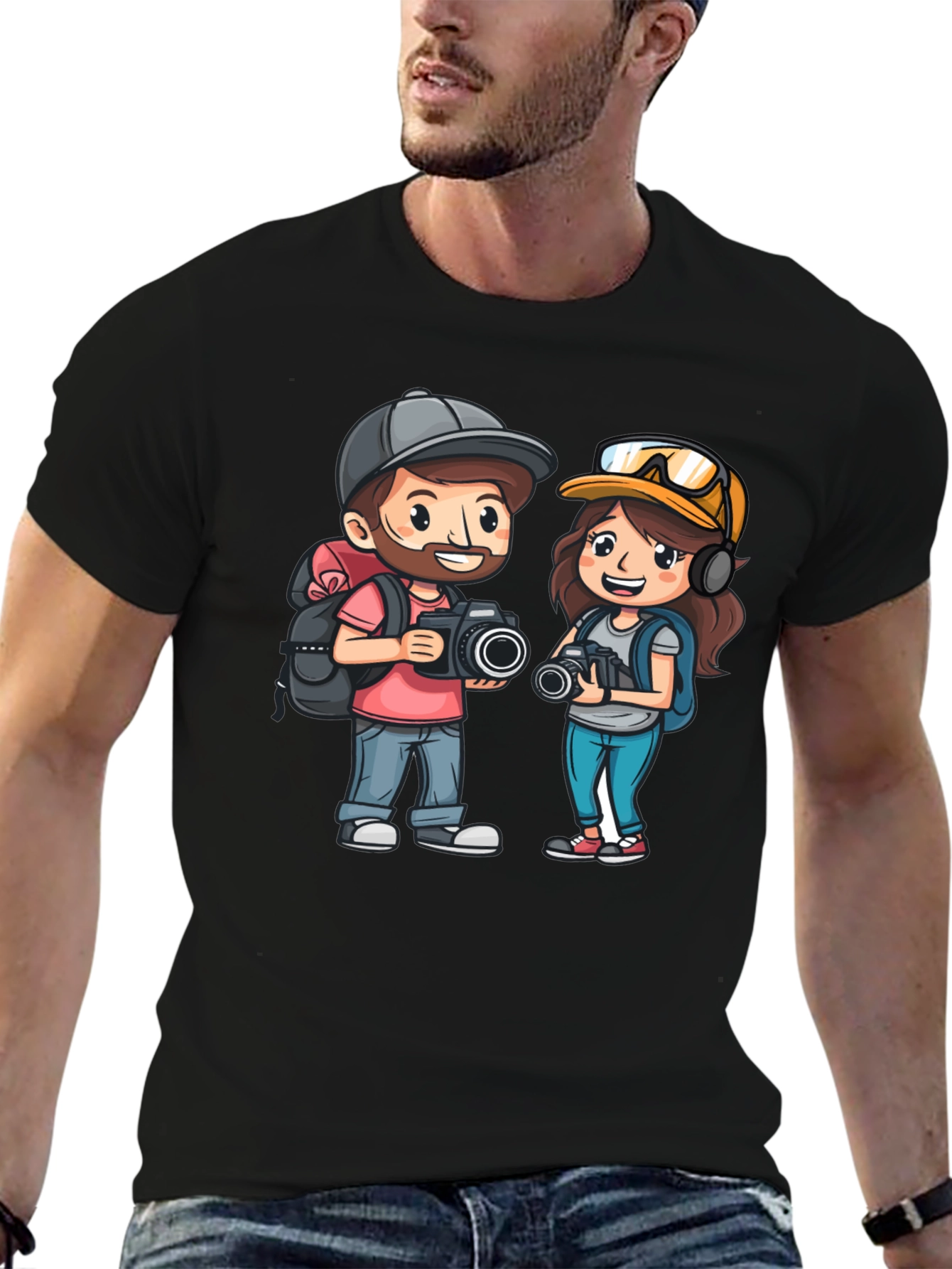 Cartoon Photographer Couple Graphic T-Shirt