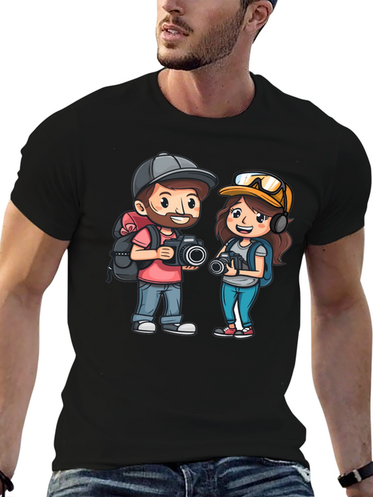 Cartoon Photographer Couple Graphic T-Shirt