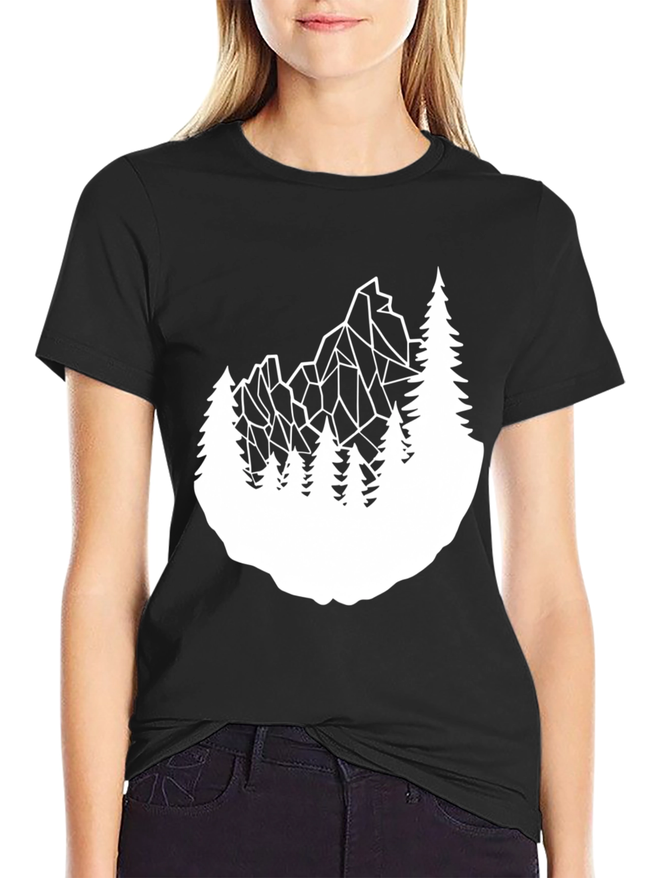 Geometric Mountain & Trees Graphic Tee - Black