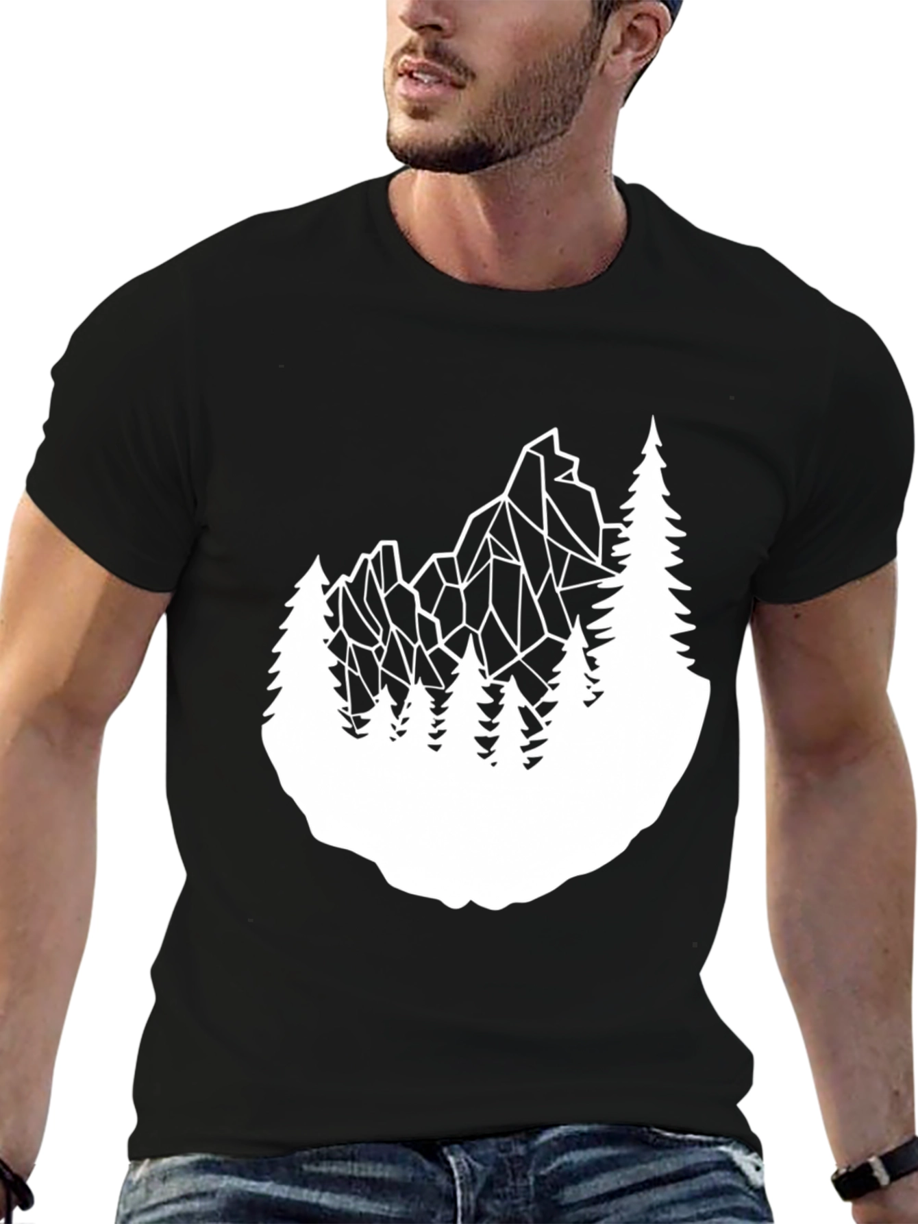 Geometric Mountain & Trees Graphic Tee - Black