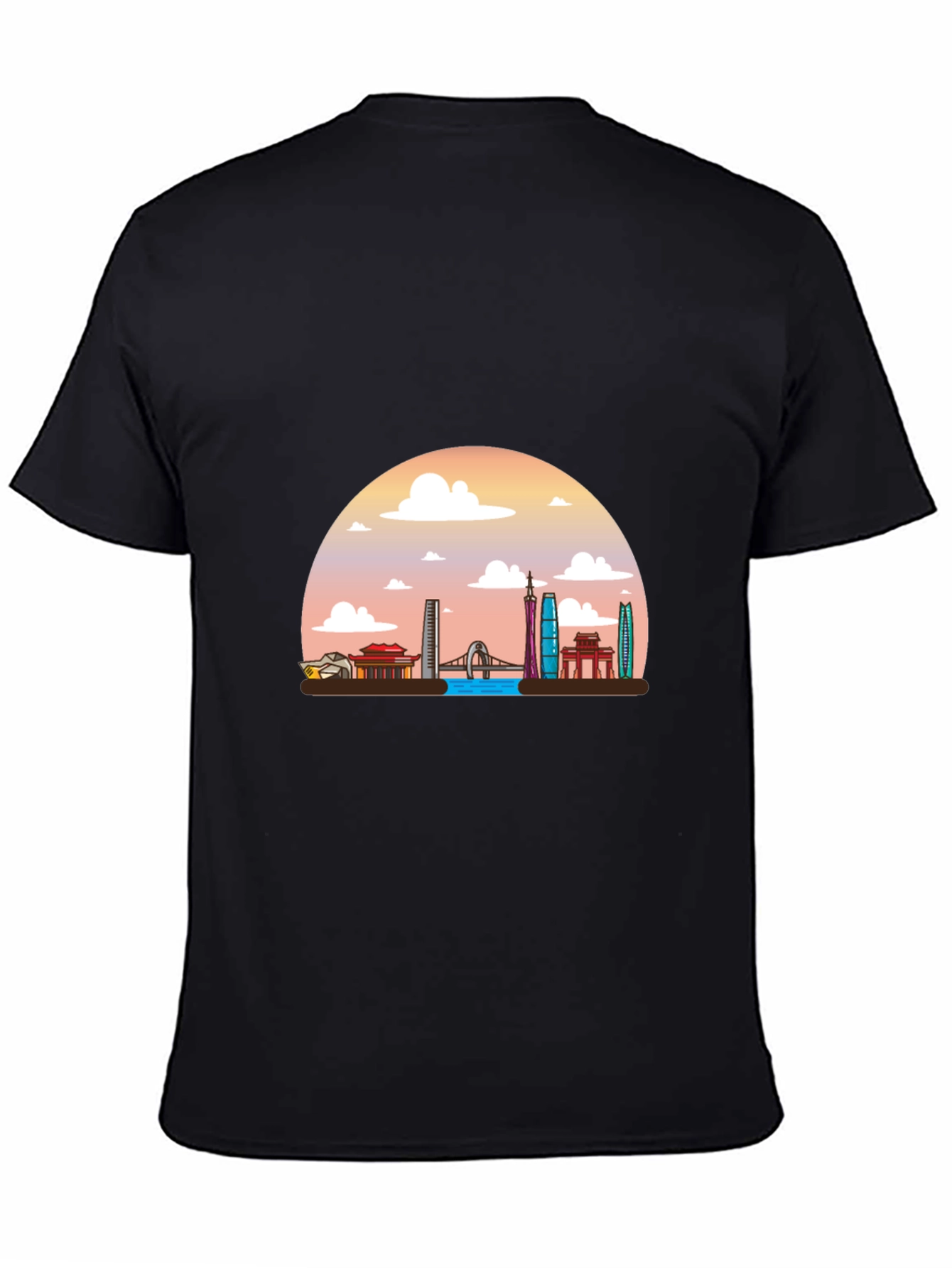 Black T-Shirt with Guangzhou Skyline Graphic