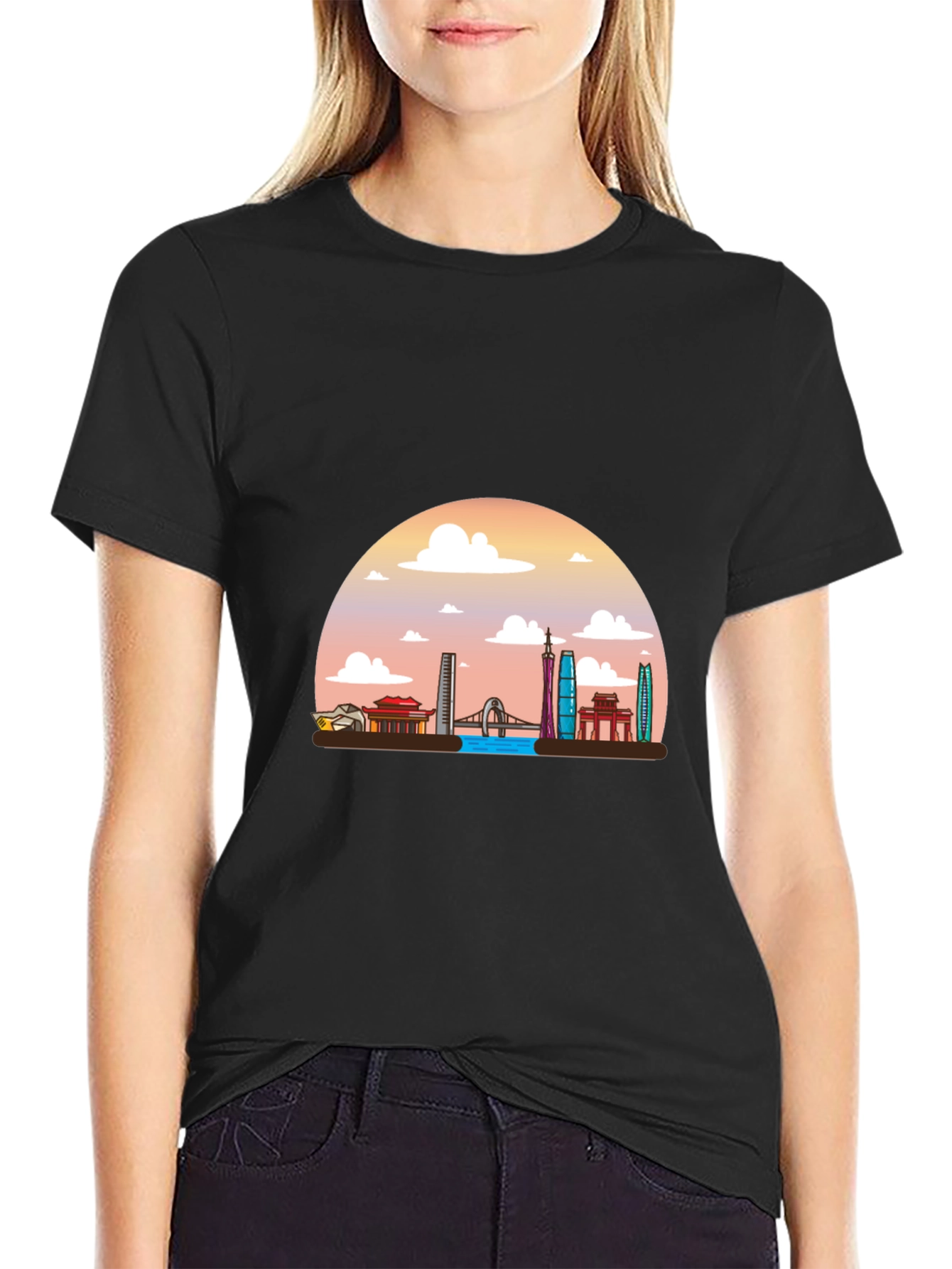 Black T-Shirt with Guangzhou Skyline Graphic