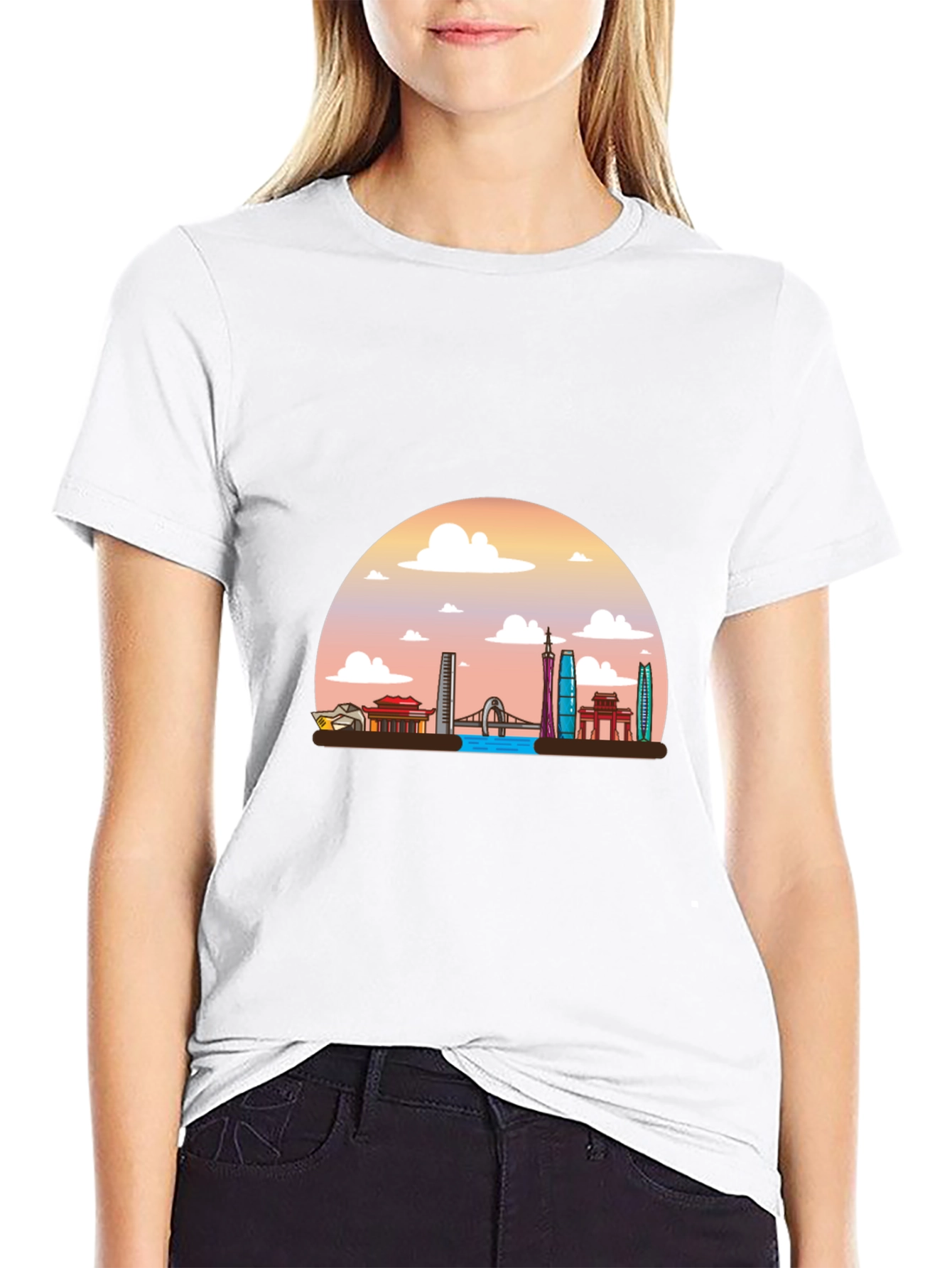 Black T-Shirt with Guangzhou Skyline Graphic