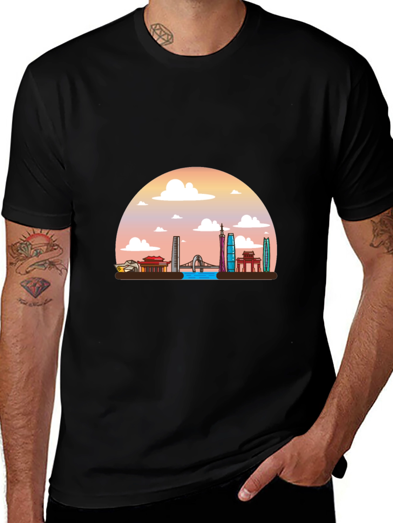 Black T-Shirt with Guangzhou Skyline Graphic