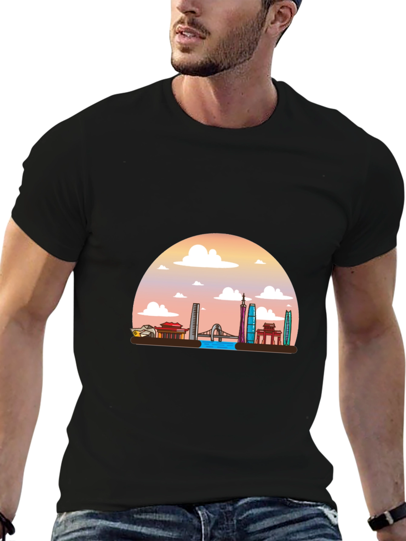 Black T-Shirt with Guangzhou Skyline Graphic