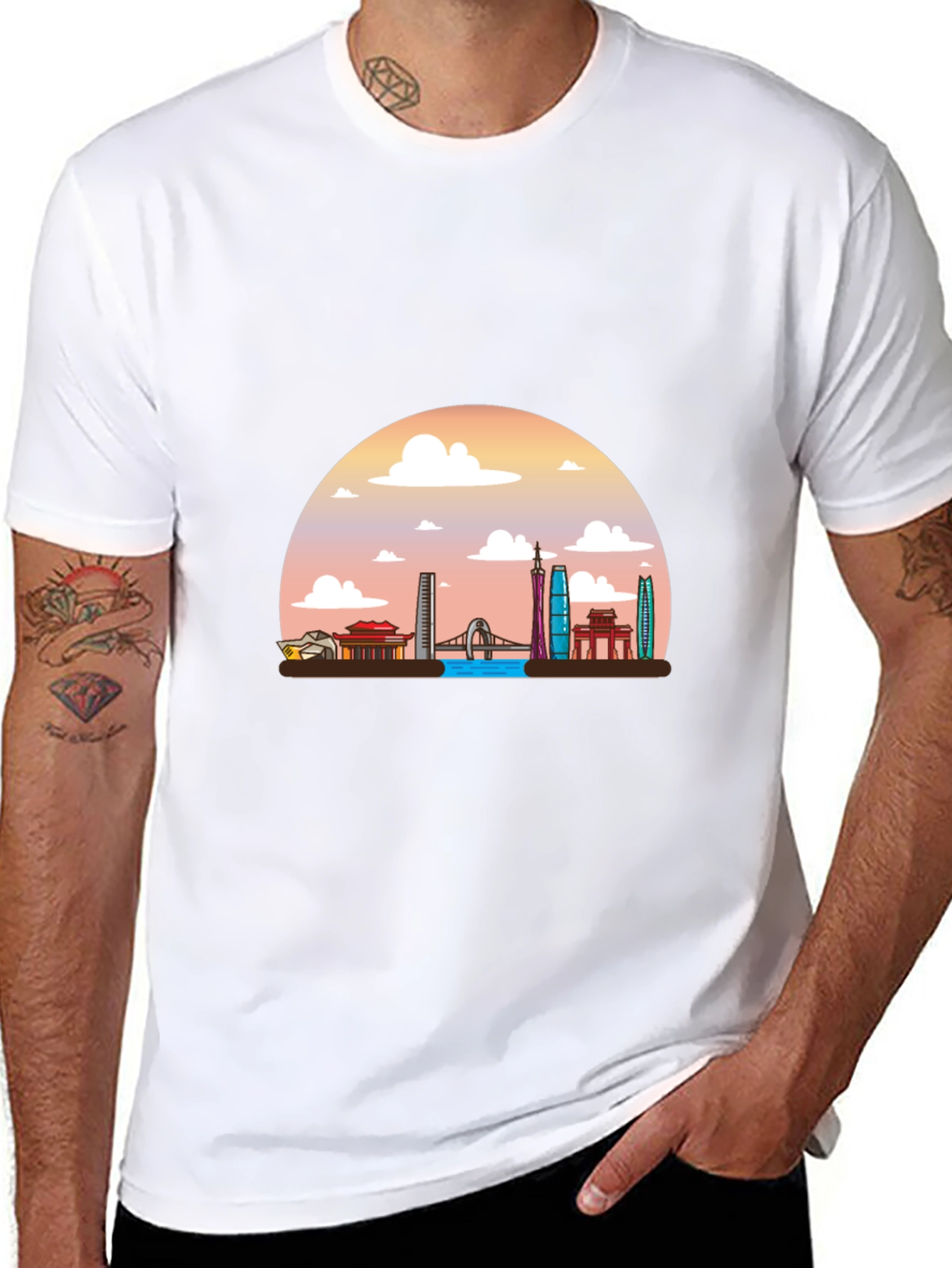 Black T-Shirt with Guangzhou Skyline Graphic