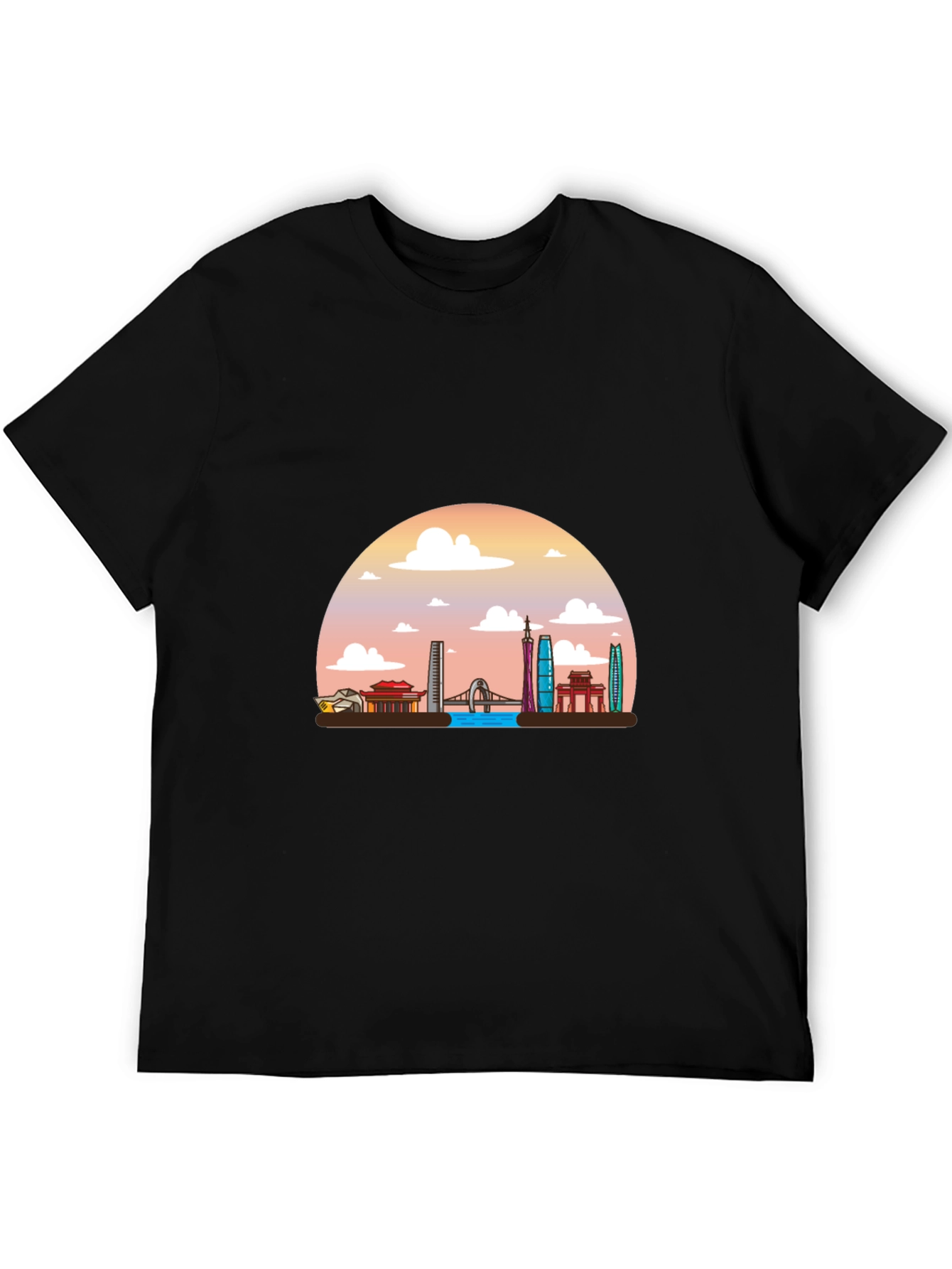 Black T-Shirt with Guangzhou Skyline Graphic