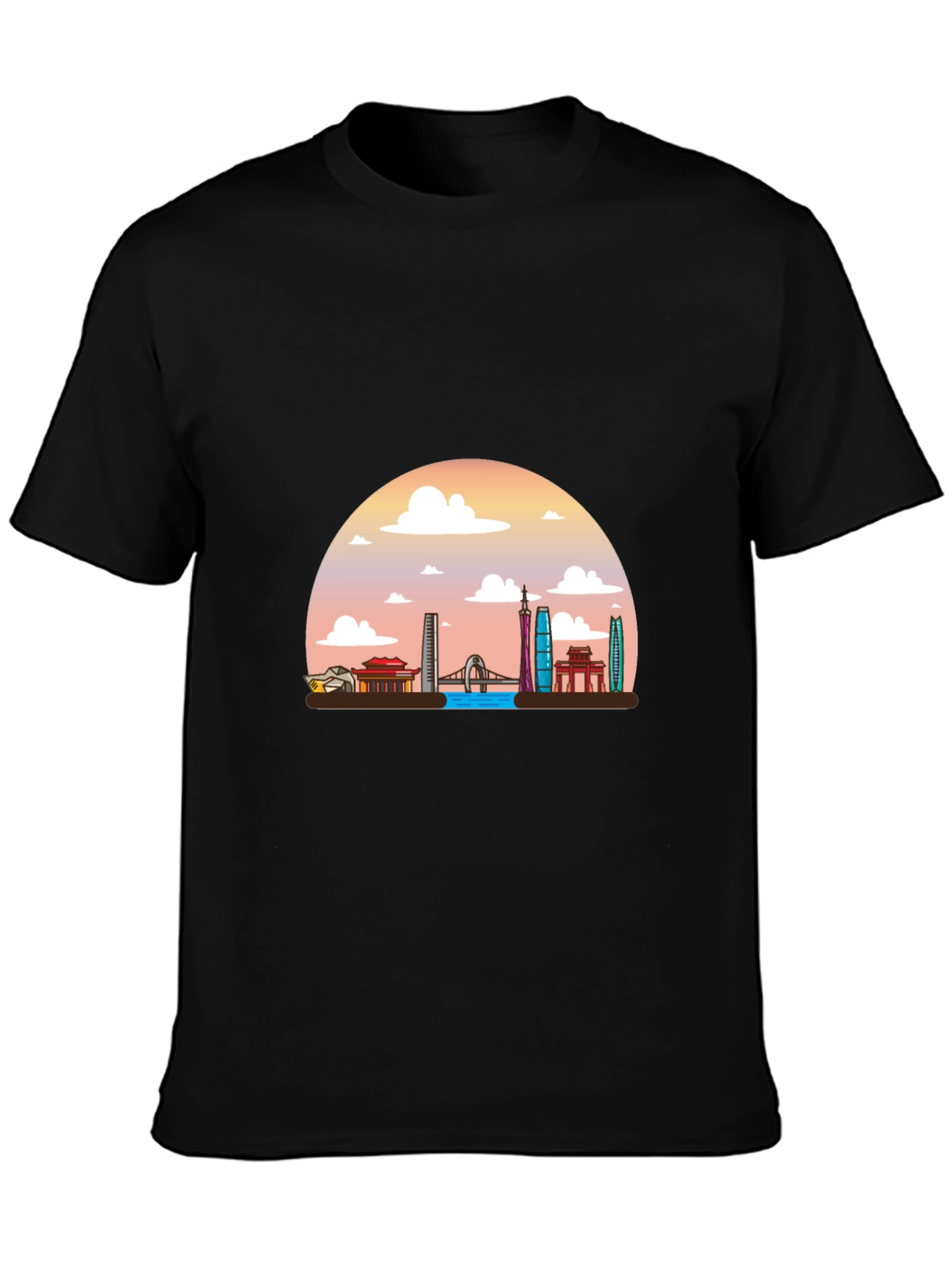 Black T-Shirt with Guangzhou Skyline Graphic