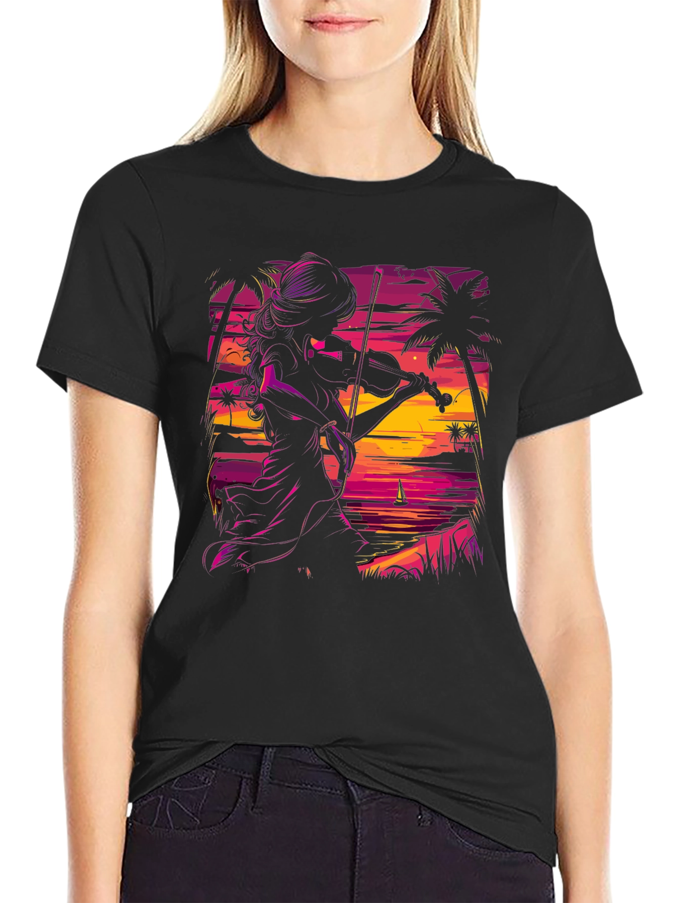Sunset Violinist Graphic Tee - Stylish Black T-Shirt