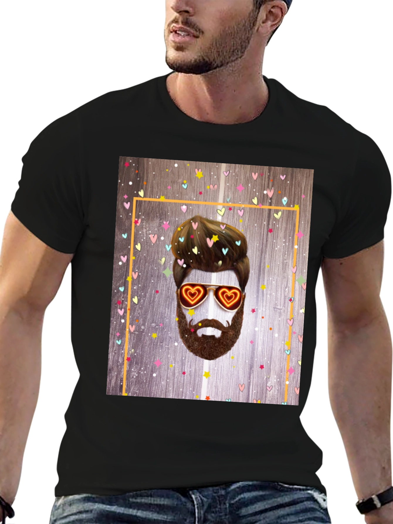Bearded Man with Heart Glasses Graphic Tee
