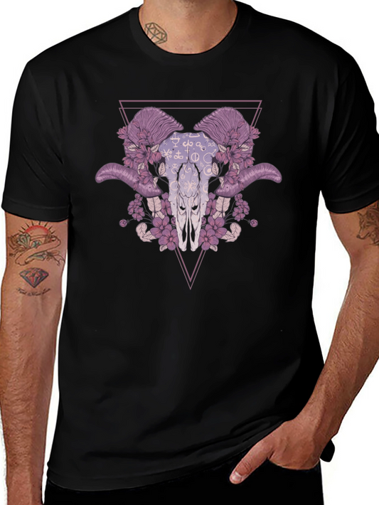 Floral Ram Skull Graphic Tee - Edgy Style