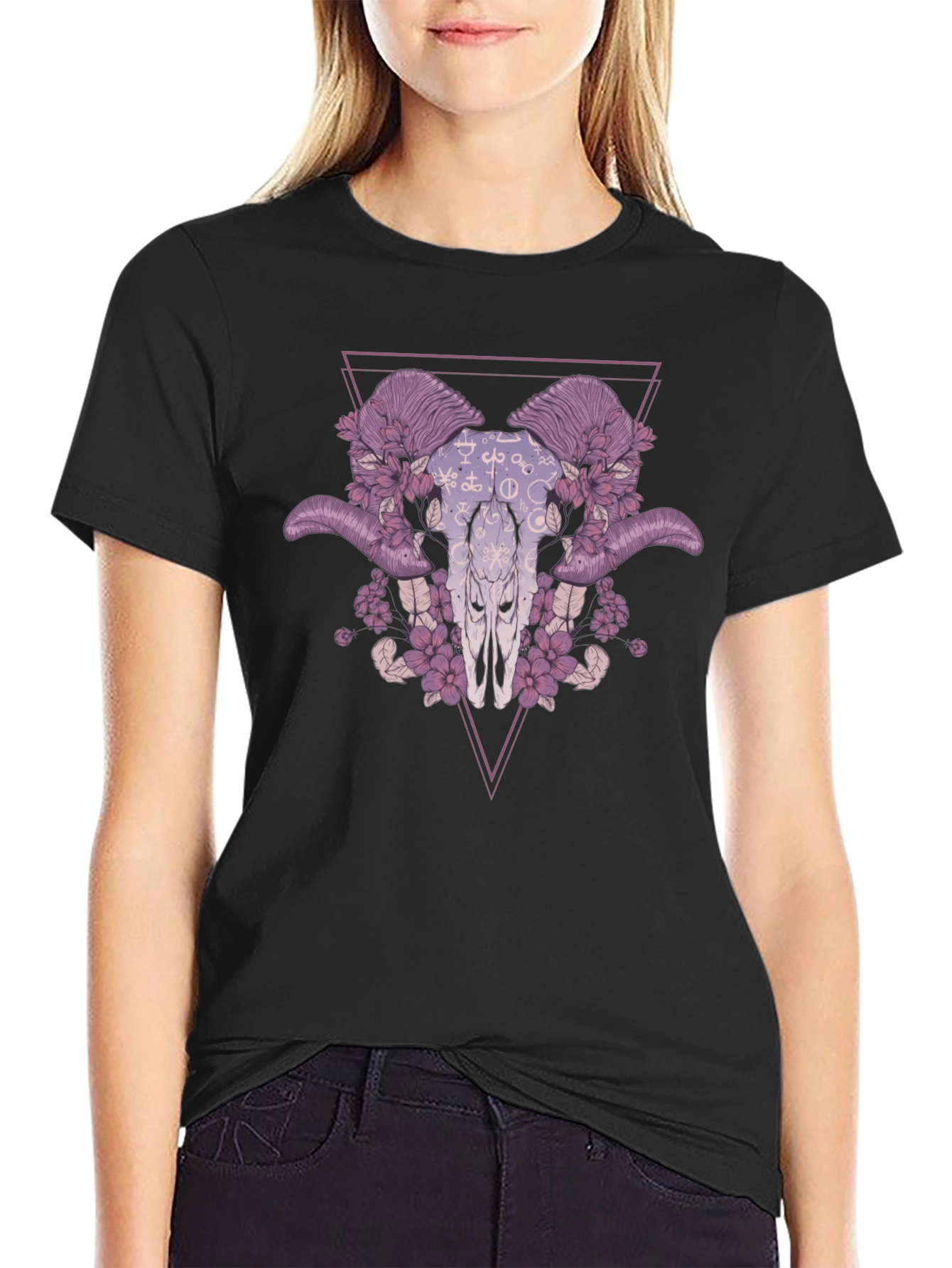 Floral Ram Skull Graphic Tee - Edgy Style