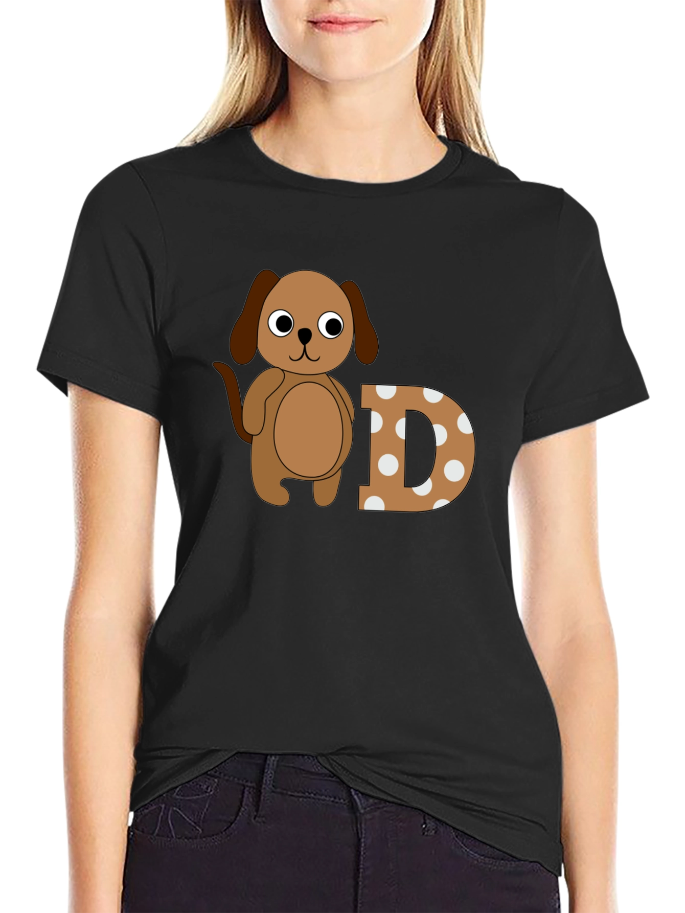 Dog & Letter D Graphic Black T-Shirt