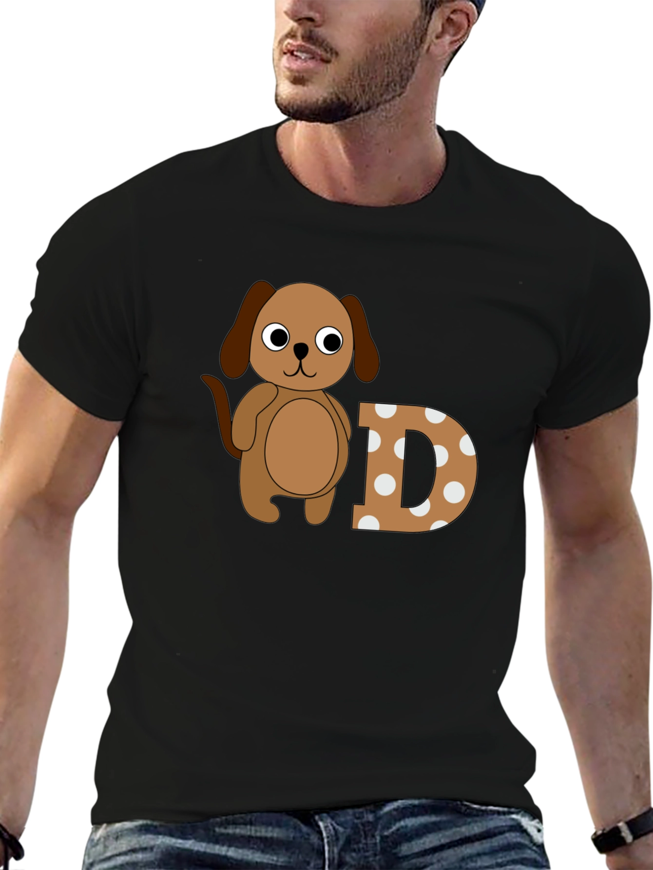 Dog & Letter D Graphic Black T-Shirt