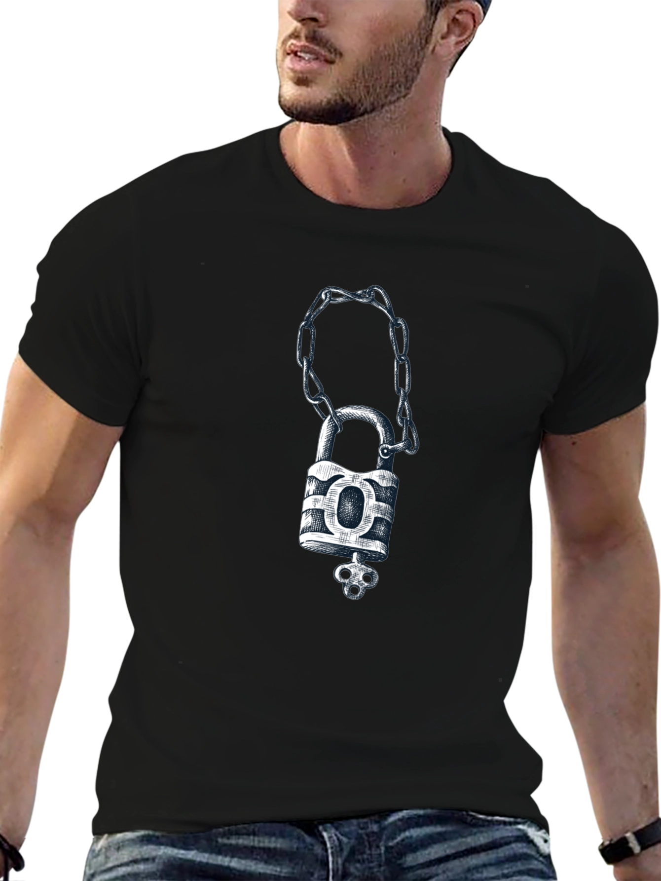 Padlock & Chain Graphic Tee - Mens Black T-Shirt