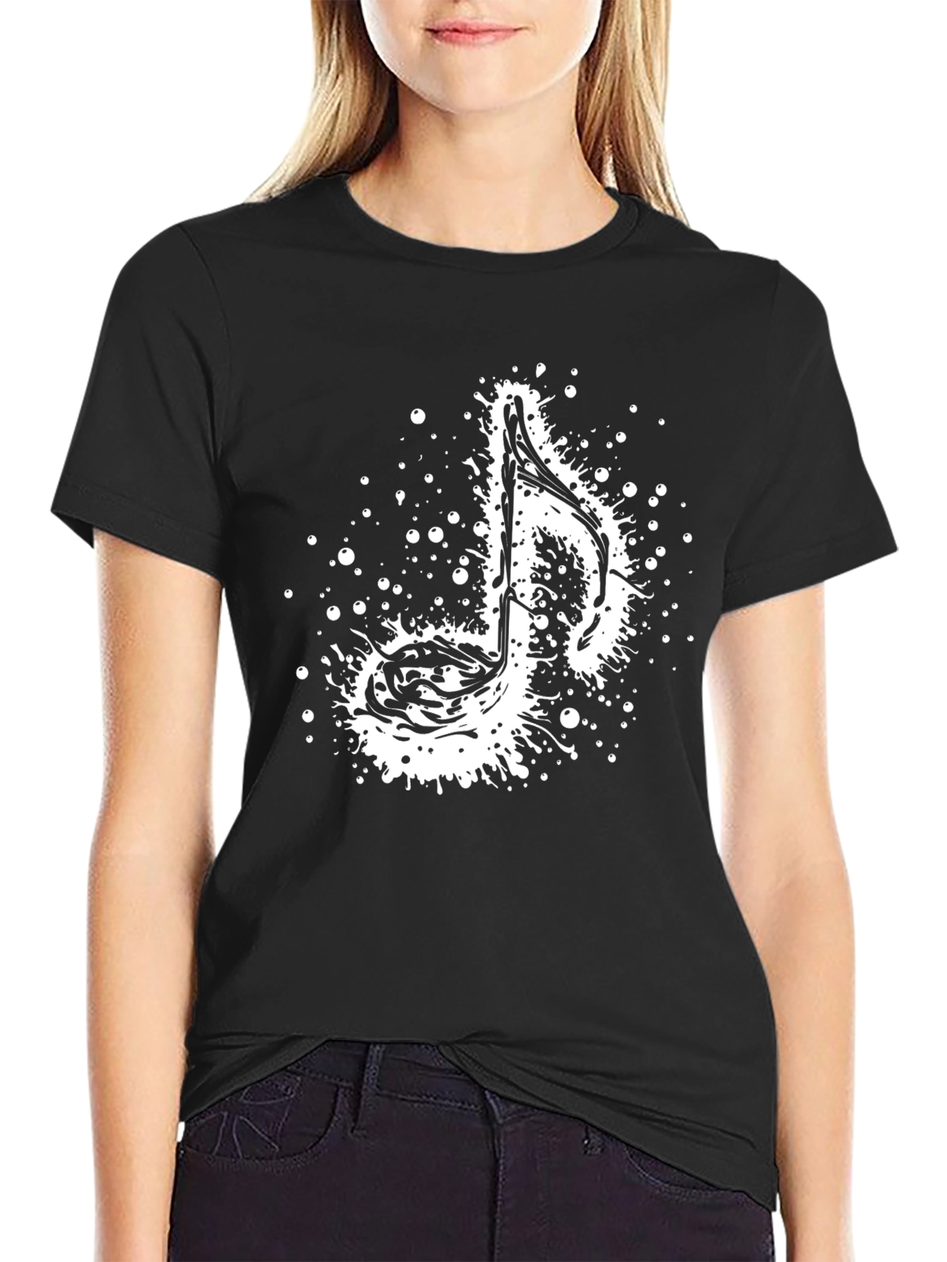 Music Note Splatter Graphic Tee - Stylish Black T-Shirt