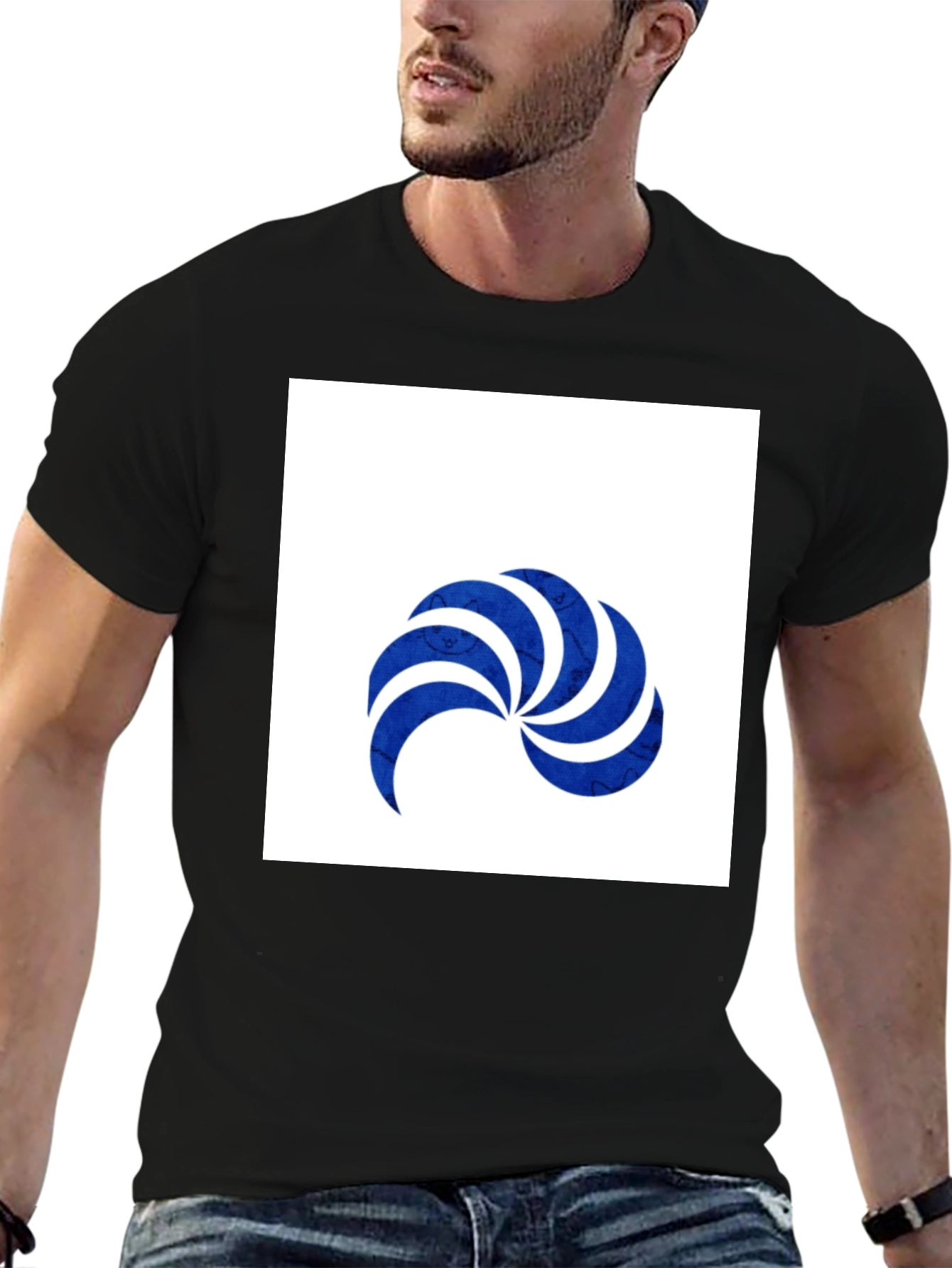 Stylish Black T-Shirt with Blue Swirl Graphic