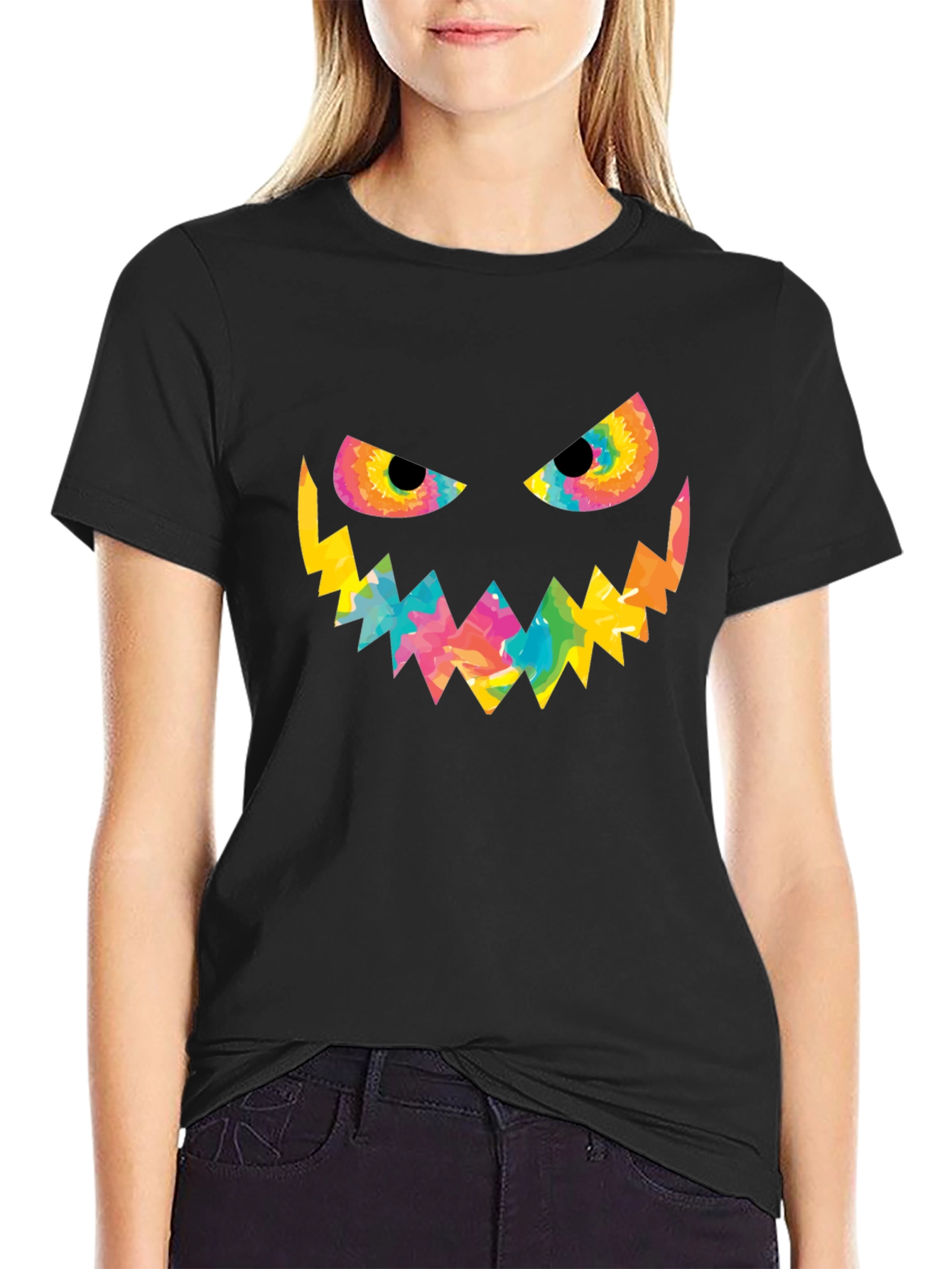 Halloween Tie Dye Pumpkin Face Black T-Shirt