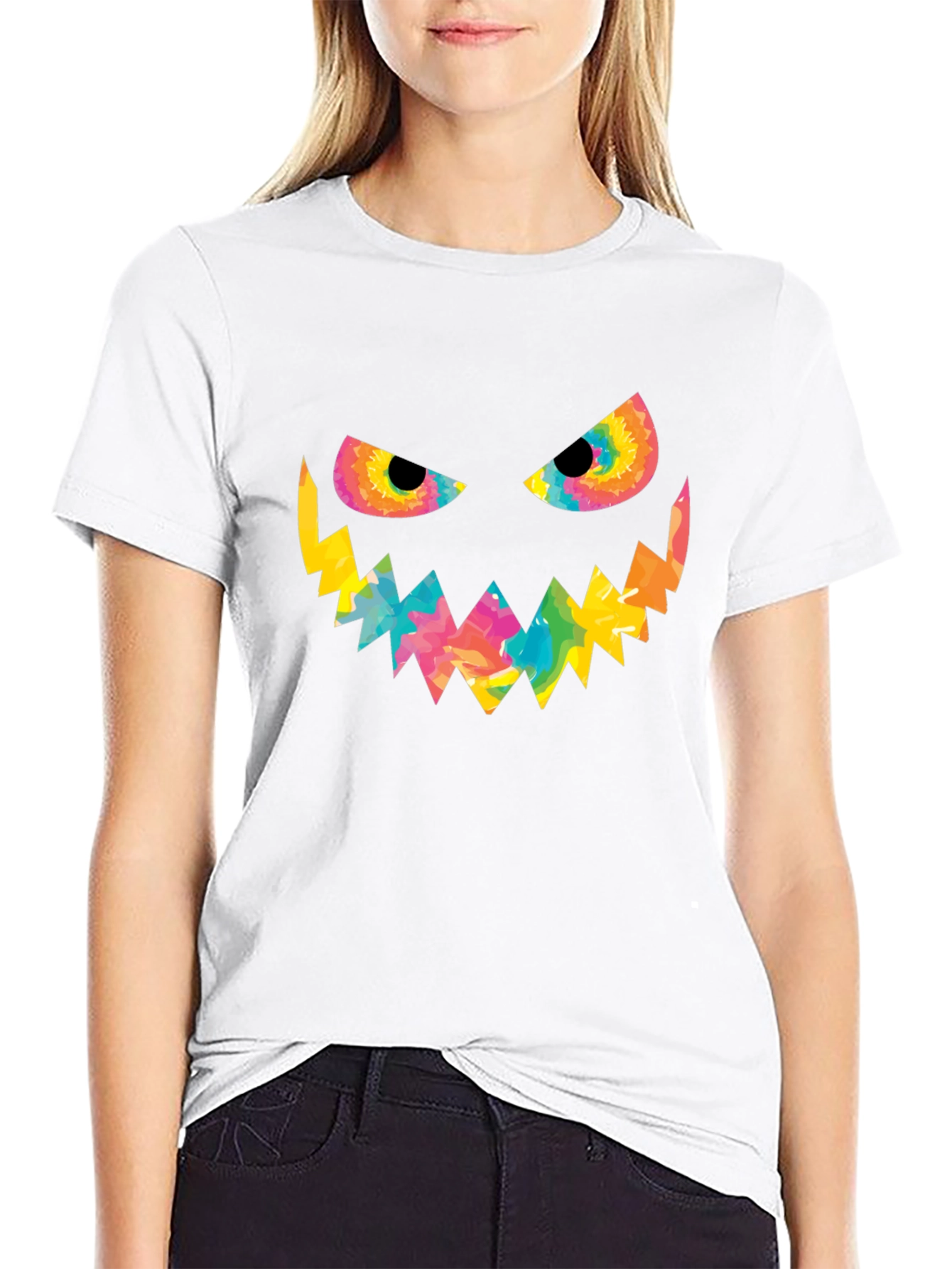 Halloween Tie Dye Pumpkin Face Black T-Shirt