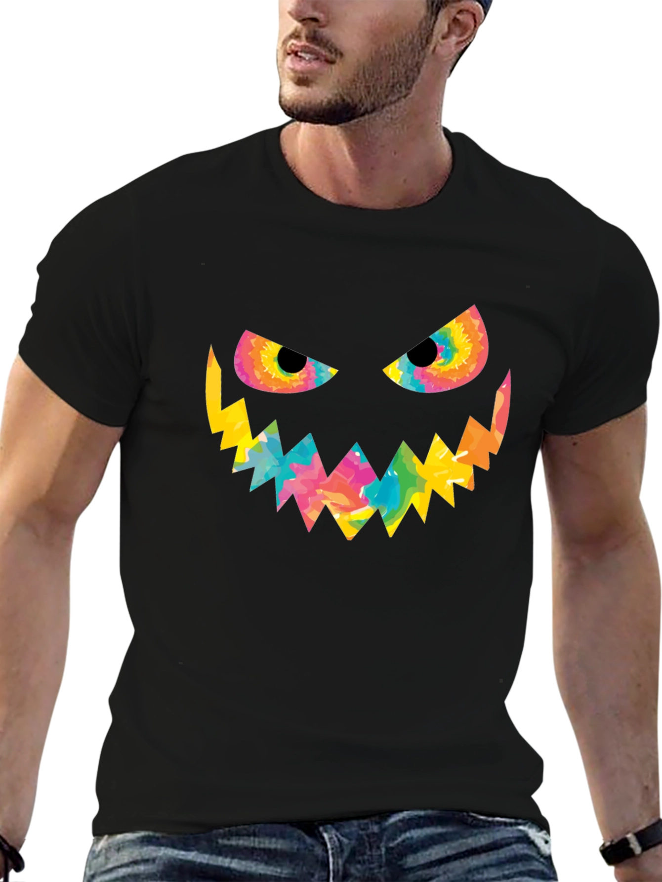 Halloween Tie Dye Pumpkin Face Black T-Shirt