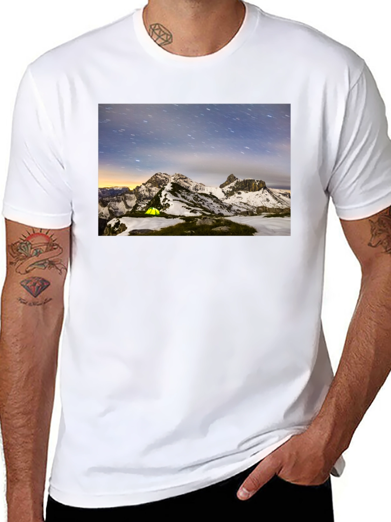 Mountain Starry Night Camping Black T-Shirt