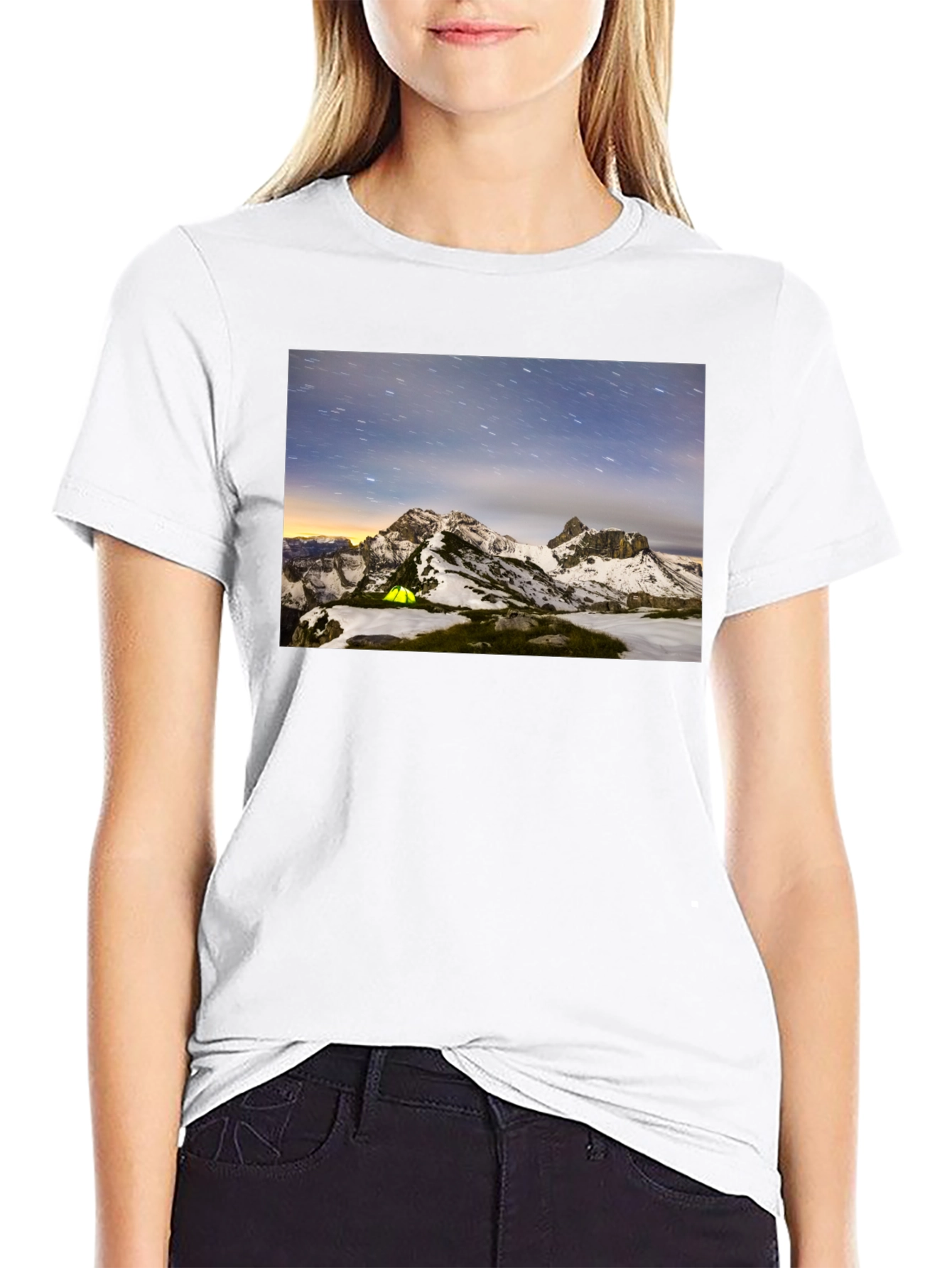 Mountain Starry Night Camping Black T-Shirt