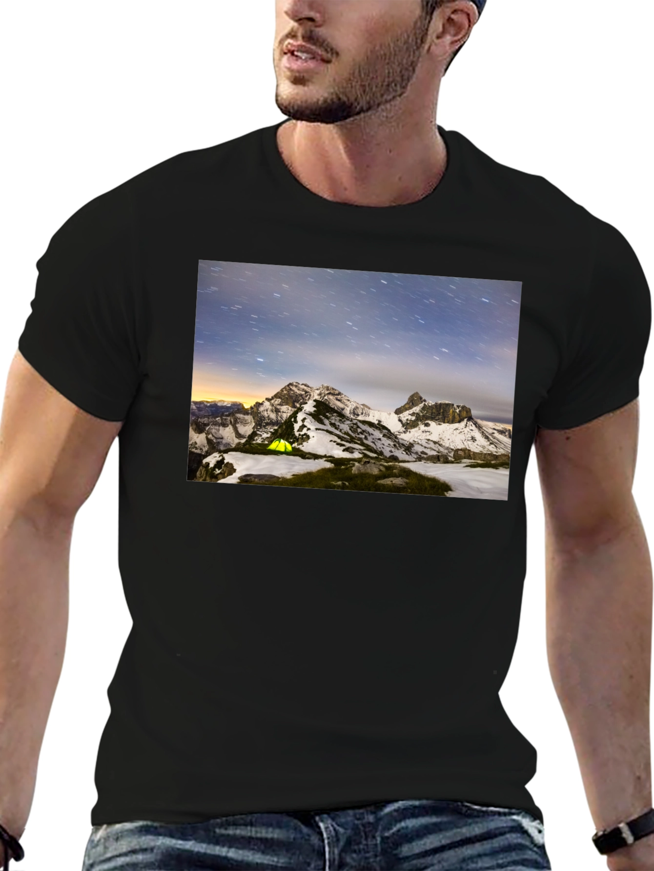 Mountain Starry Night Camping Black T-Shirt
