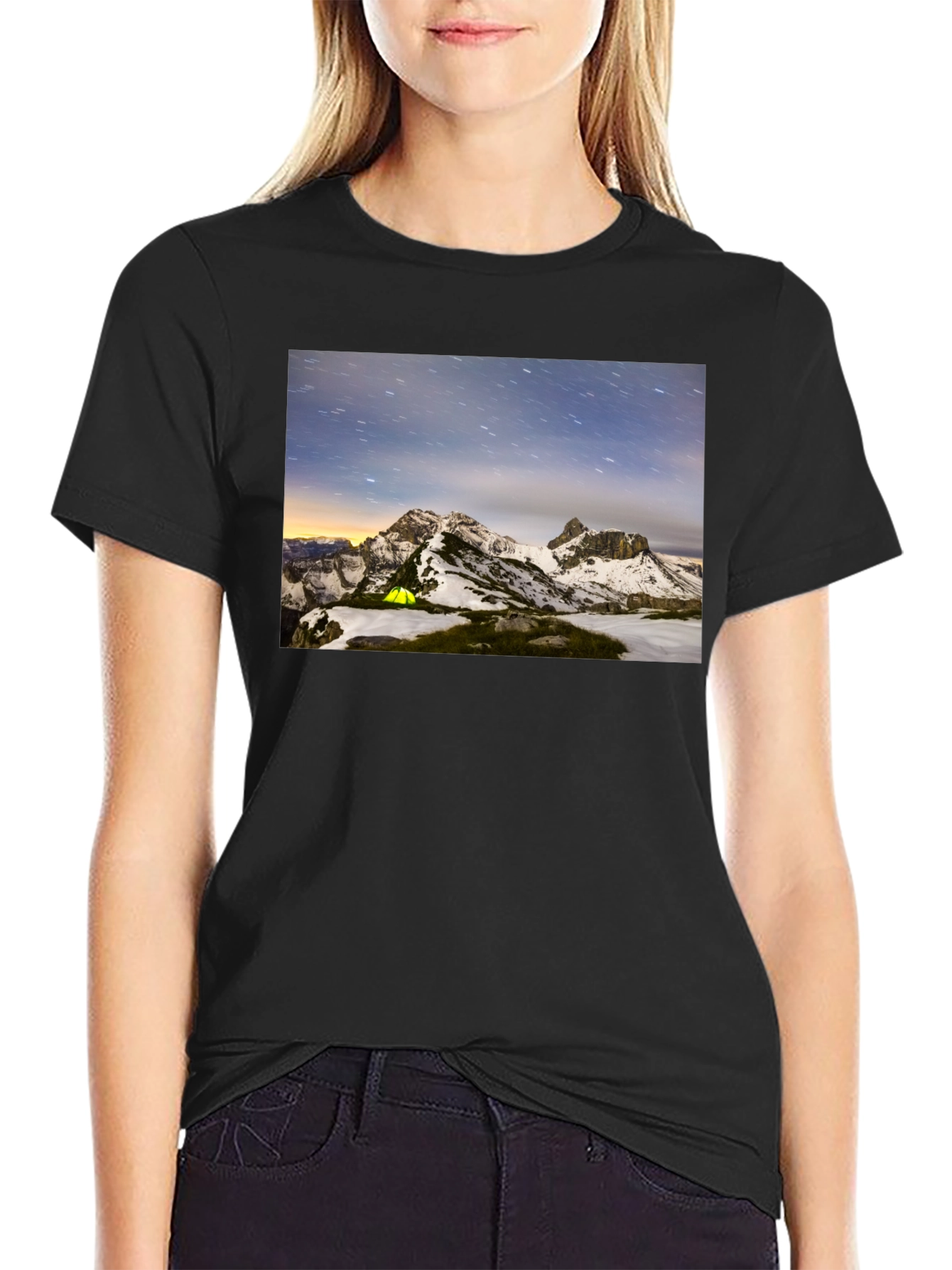 Mountain Starry Night Camping Black T-Shirt