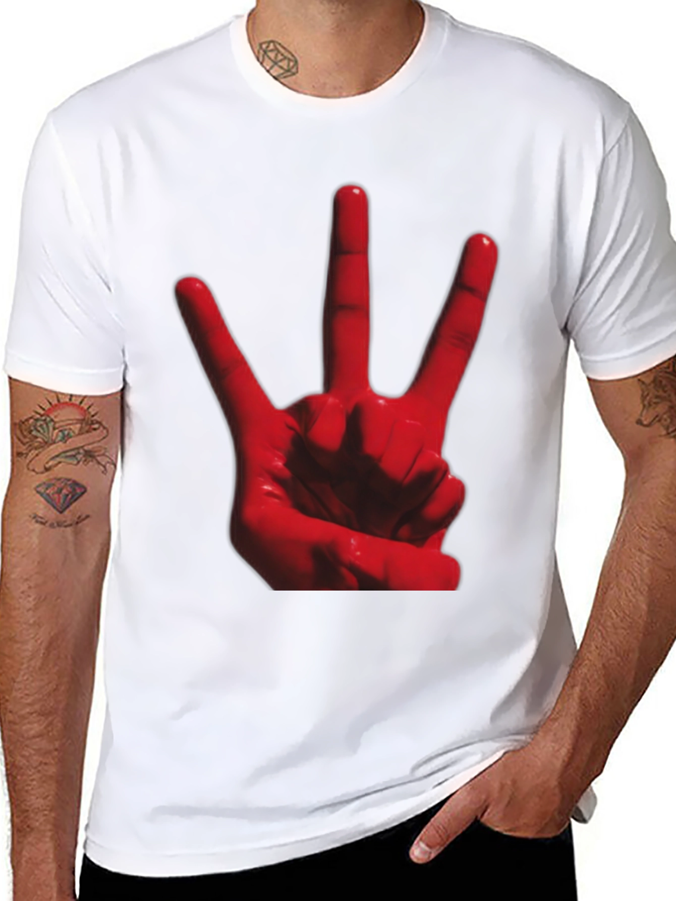 Red 3-Finger Hand Sign Black T-Shirt