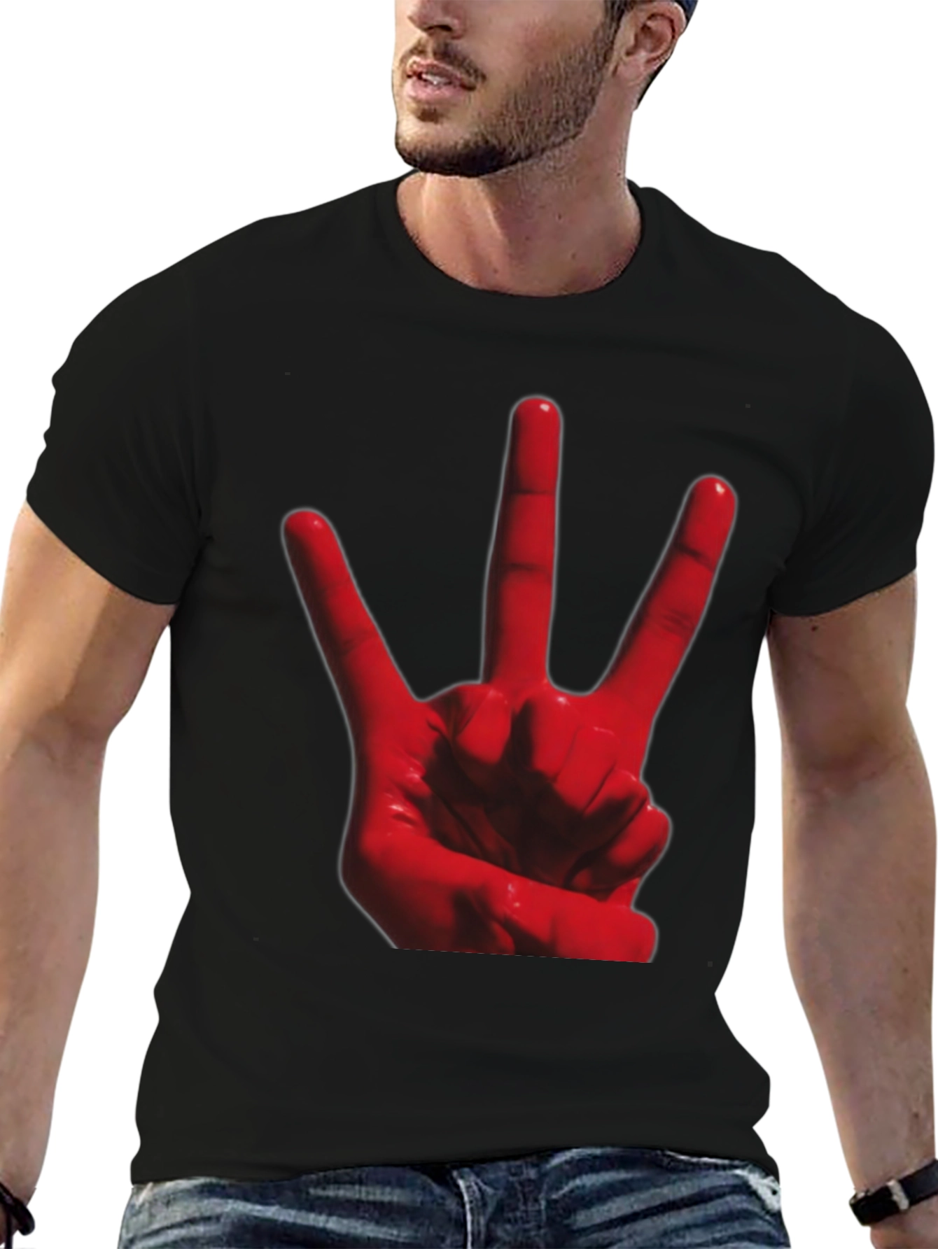 Red 3-Finger Hand Sign Black T-Shirt