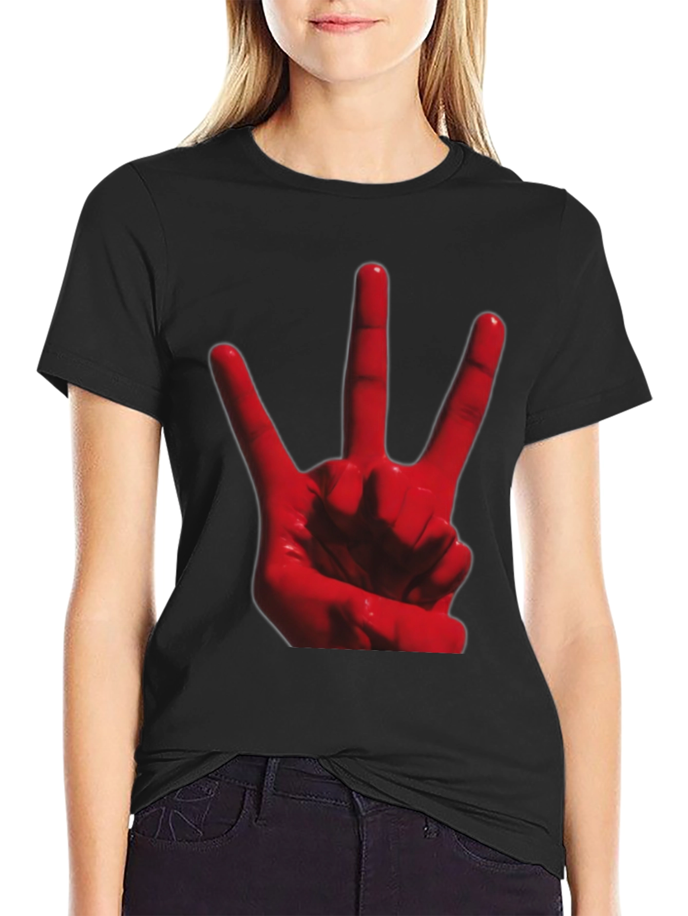 Red 3-Finger Hand Sign Black T-Shirt