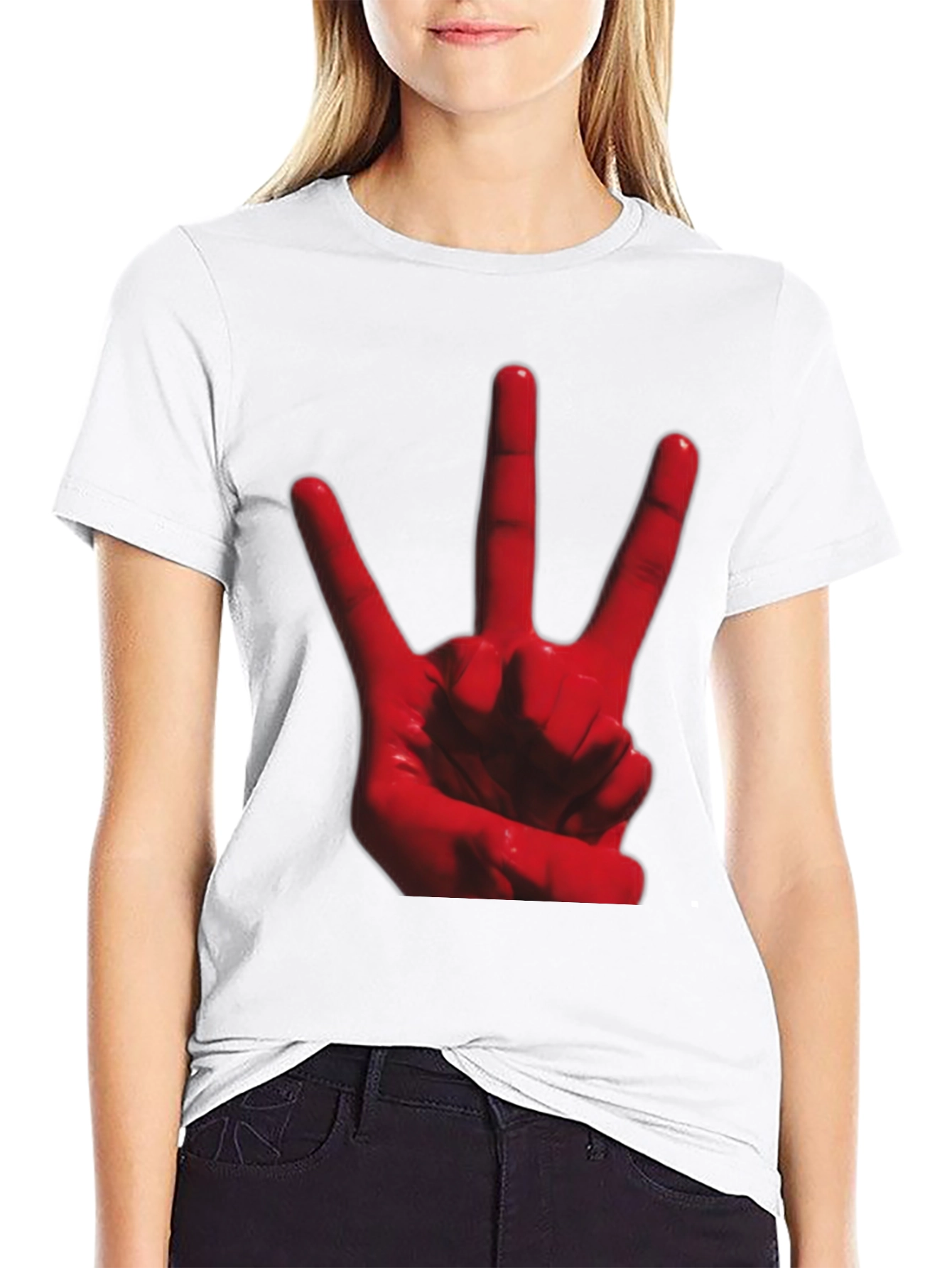 Red 3-Finger Hand Sign Black T-Shirt