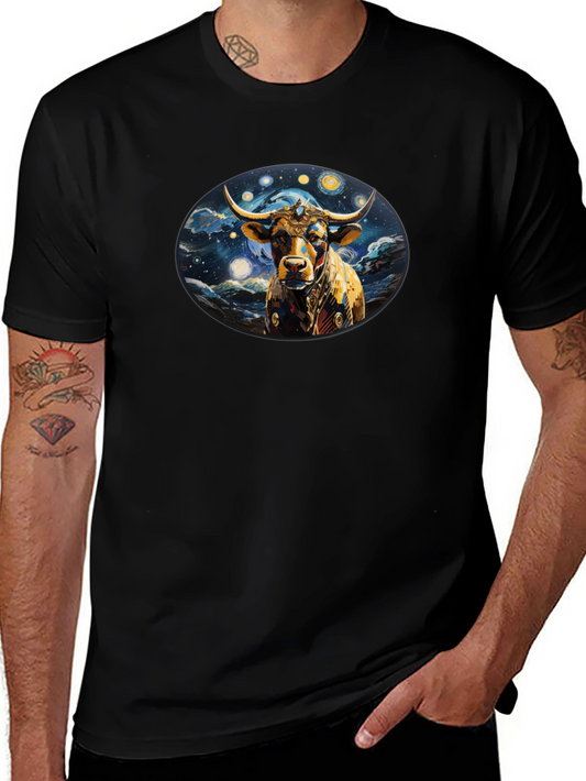 Celestial Bull Graphic Tee - Black Cotton Comfort