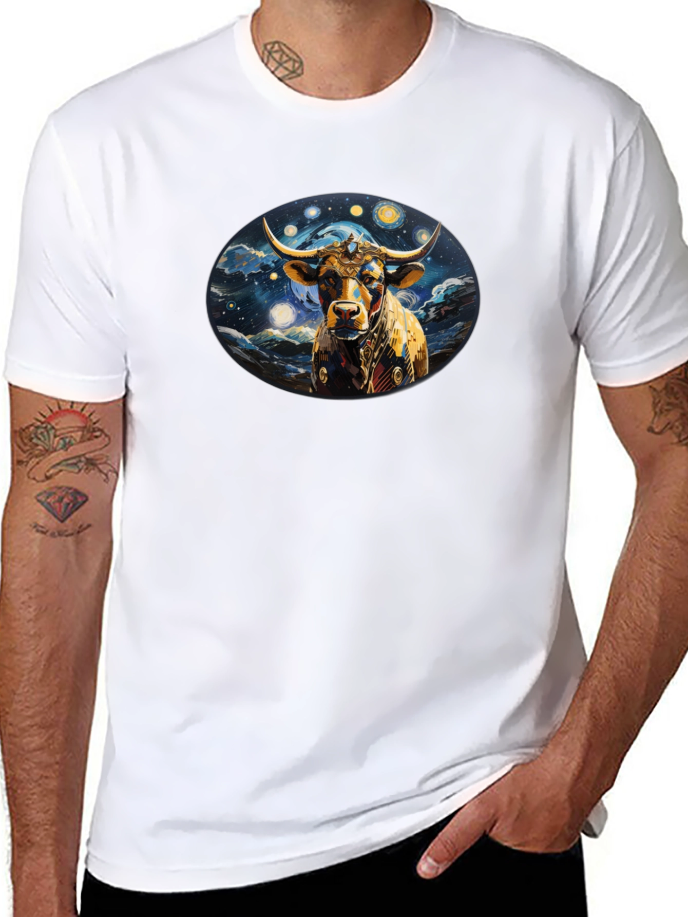 Celestial Bull Graphic Tee - Black Cotton Comfort