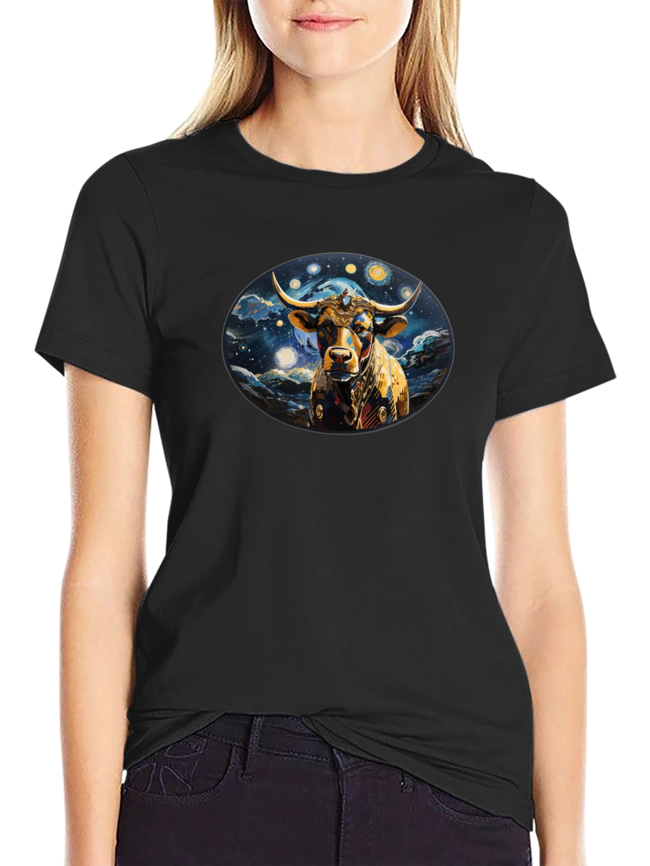 Celestial Bull Graphic Tee - Black Cotton Comfort