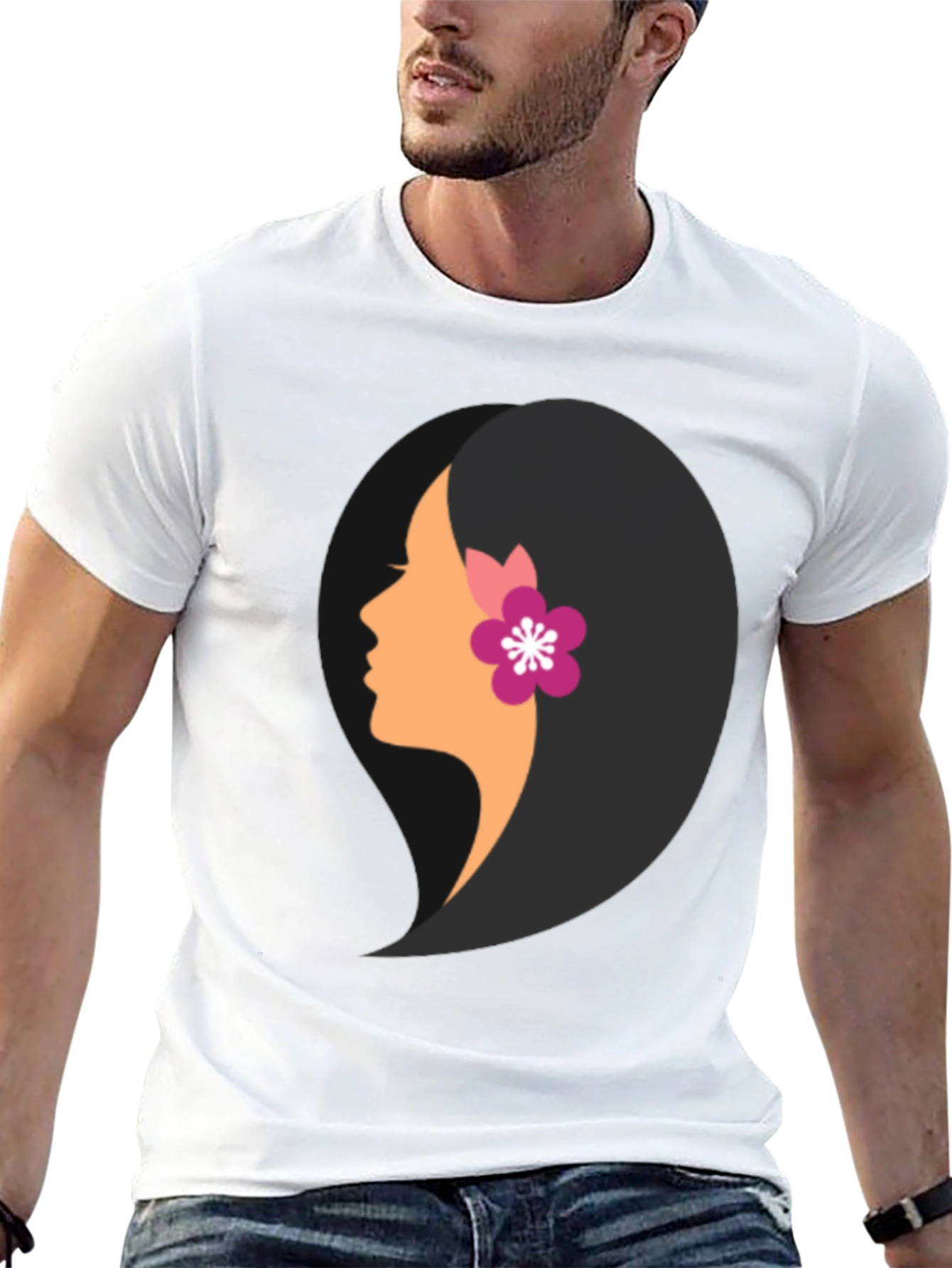 Black T-Shirt with Woman Profile Graphic