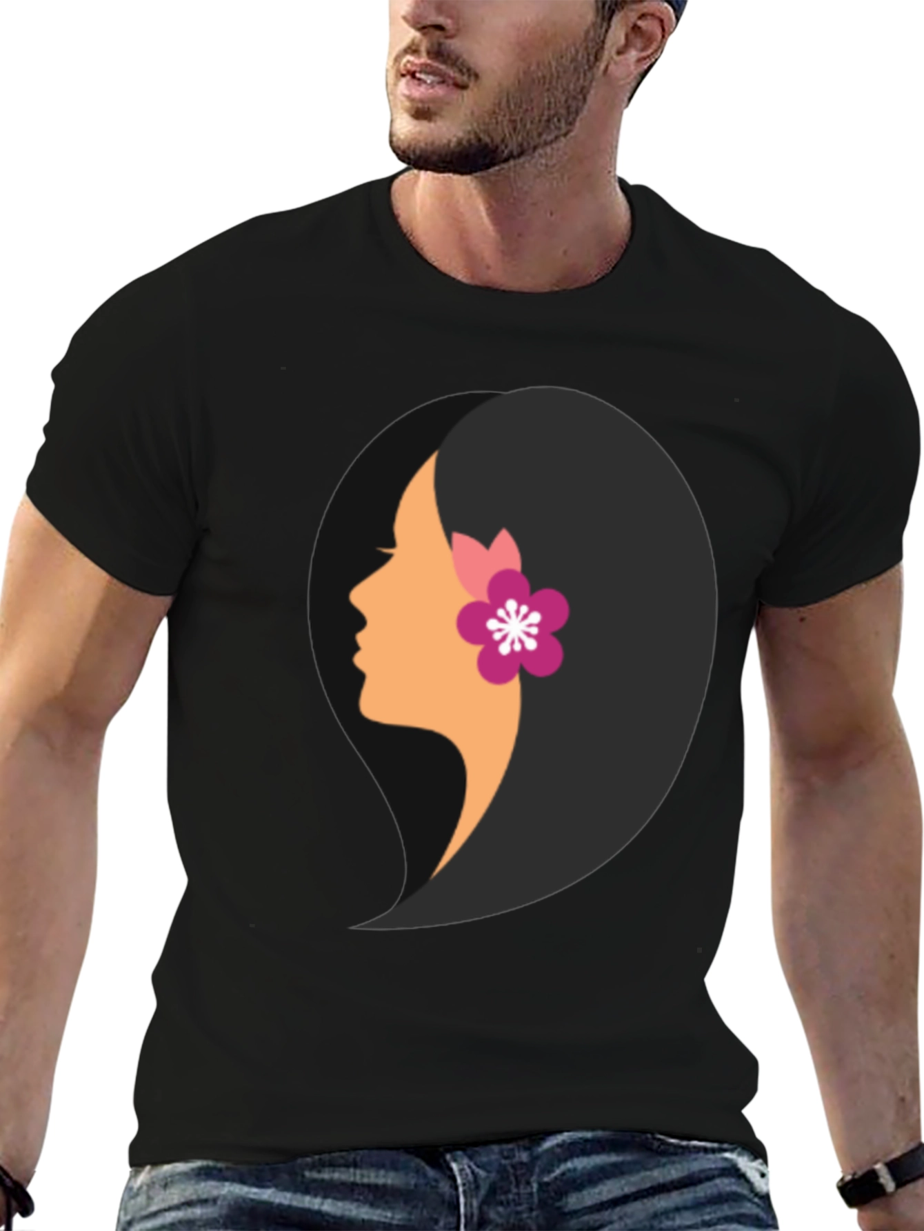 Black T-Shirt with Woman Profile Graphic