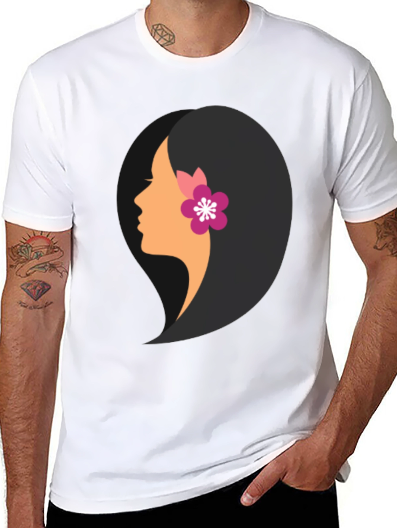 Black T-Shirt with Woman Profile Graphic