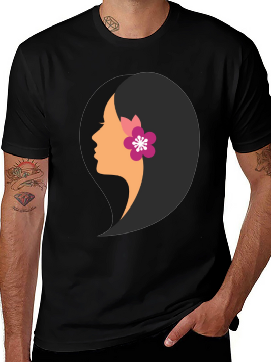 Black T-Shirt with Woman Profile Graphic